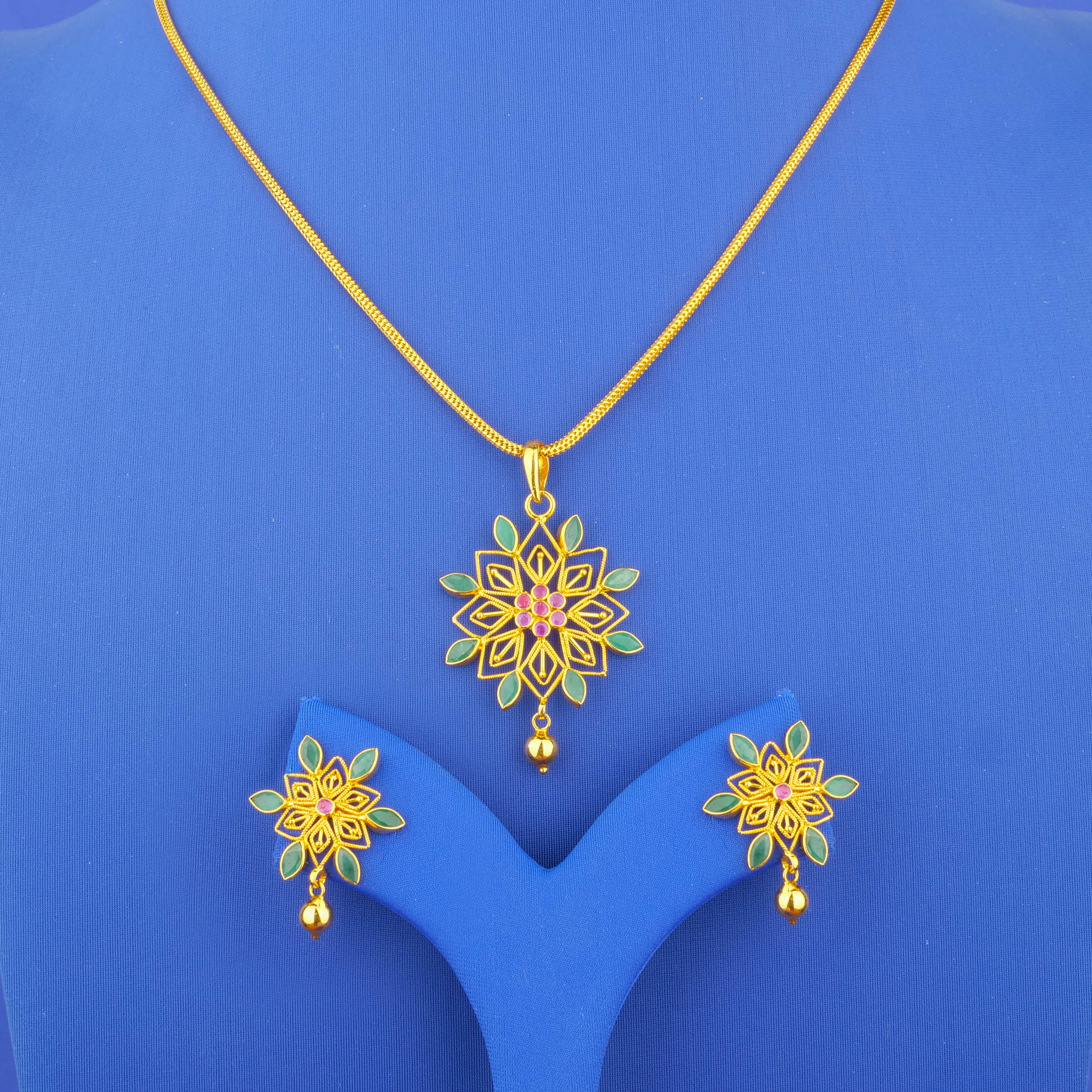 Twenty-Two Karat Gold Ruby Emerald Pearl Pendant Earring Set (chain not included)