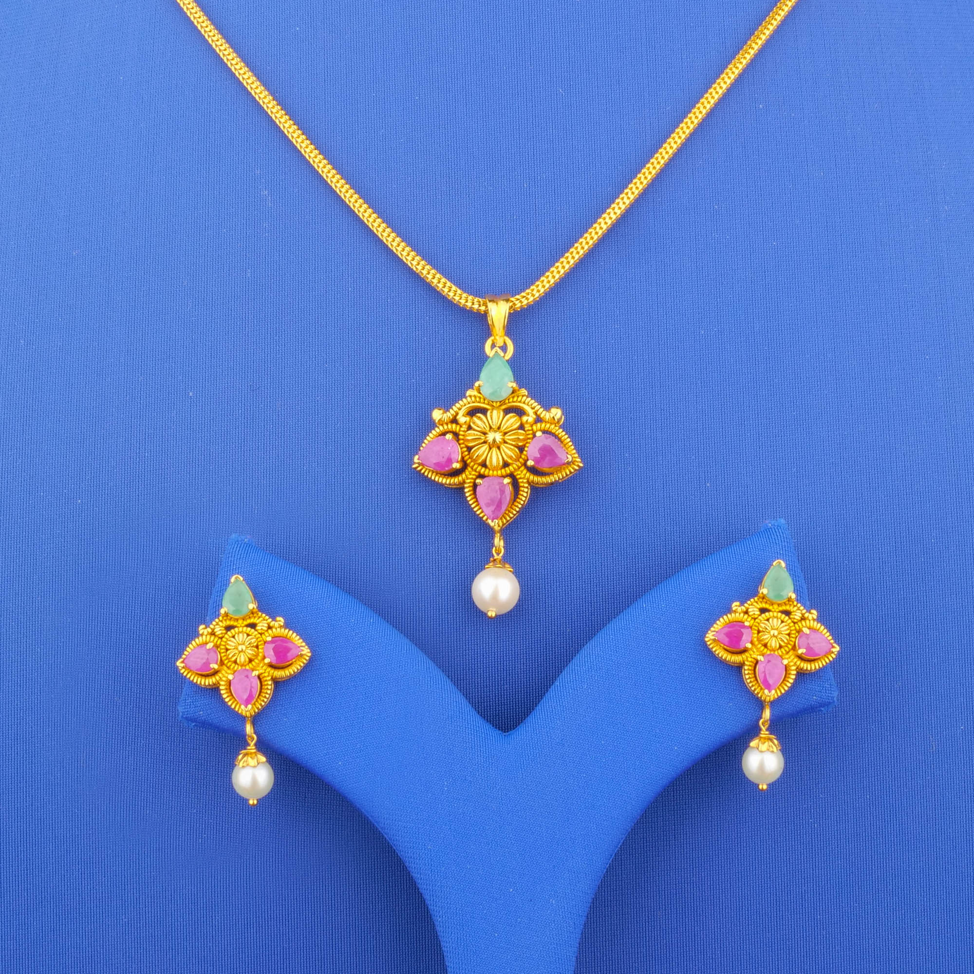 Twenty-Two Karat Gold Ruby Emerald Pearl Pendant Earring Set (chain not included)