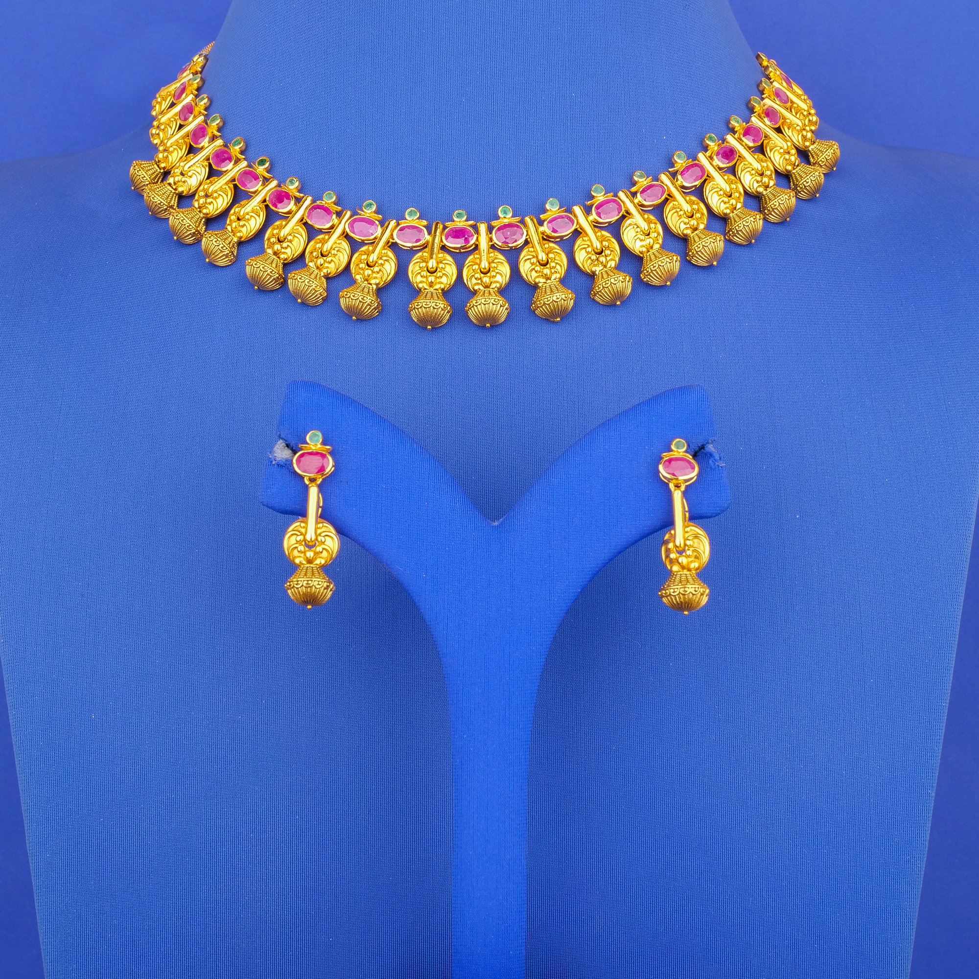 22K Ruby Emerald Pearl Necklace Earring Set