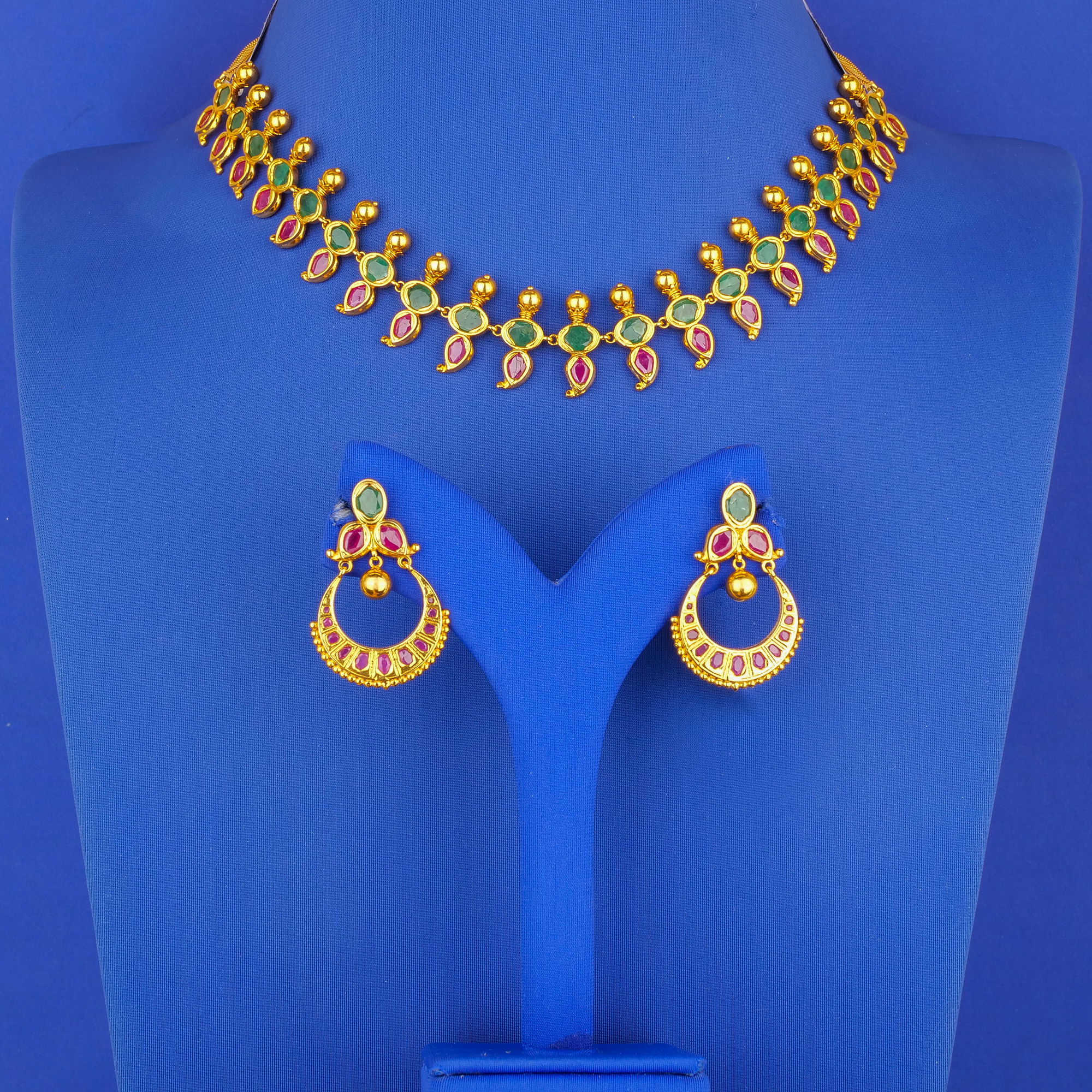 22K Gold Ruby Emerald Necklace Earring Set