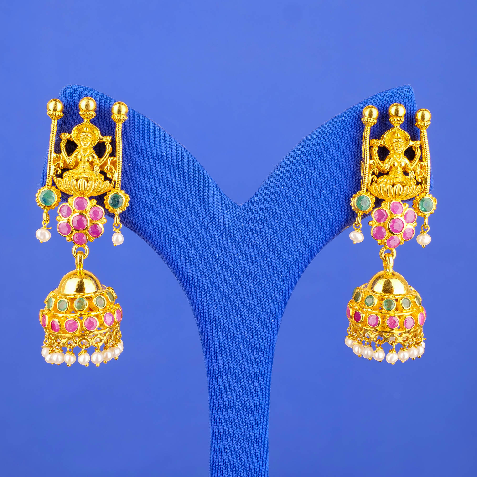 22K Gold Ruby Emerald Pearl 'Jhumka' Earrings