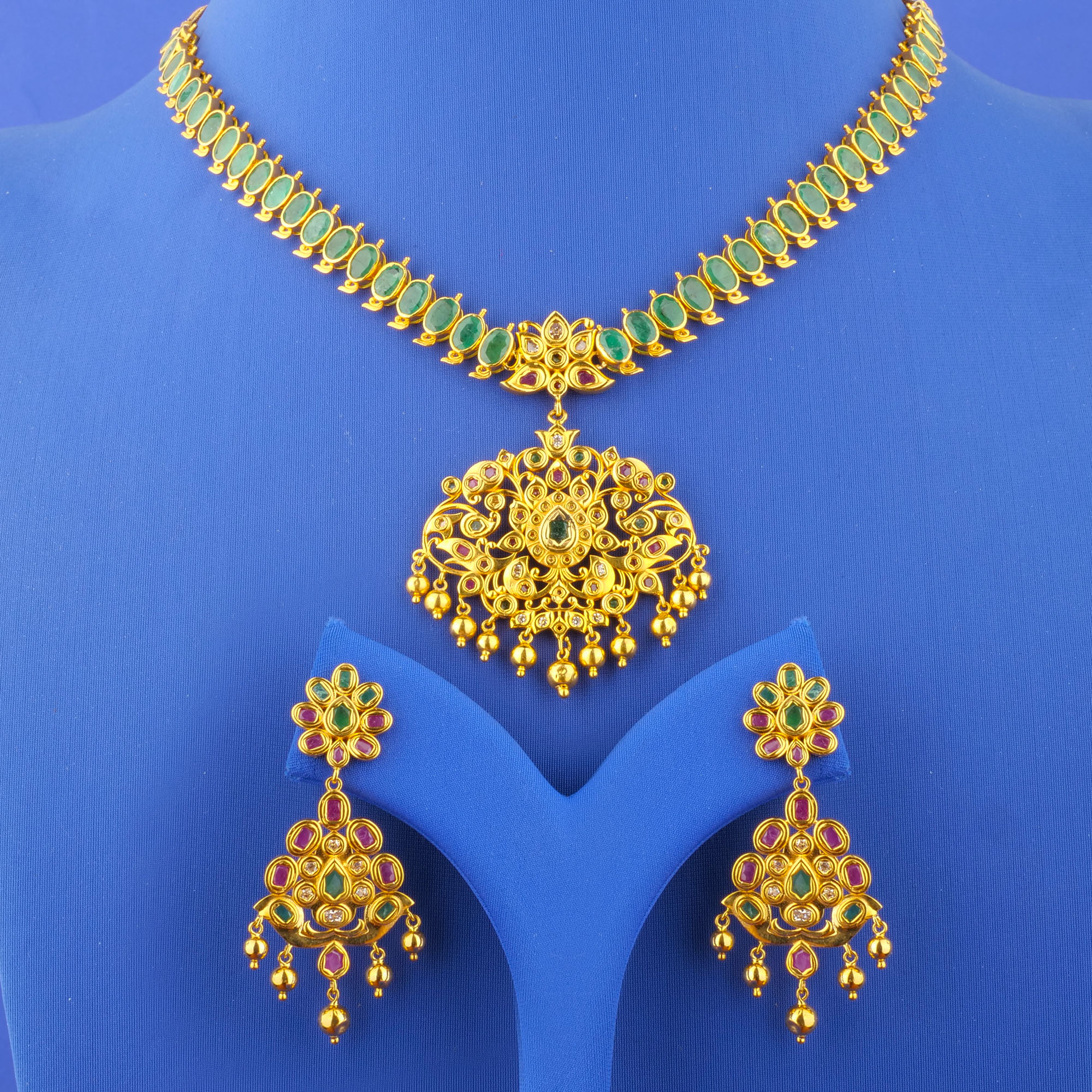 Twenty-Two Karat Gold Ruby Emerald Cubic Zirconia Necklace Earring Set