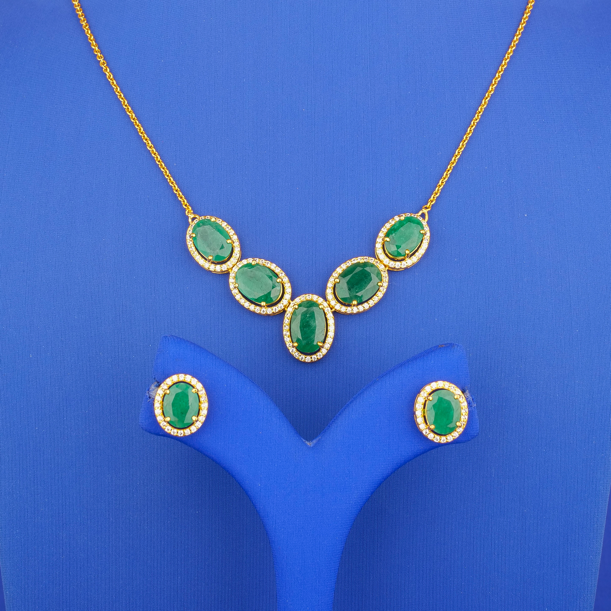 22K Gold Emerald Cubic Zirconia Necklace and Earring Set