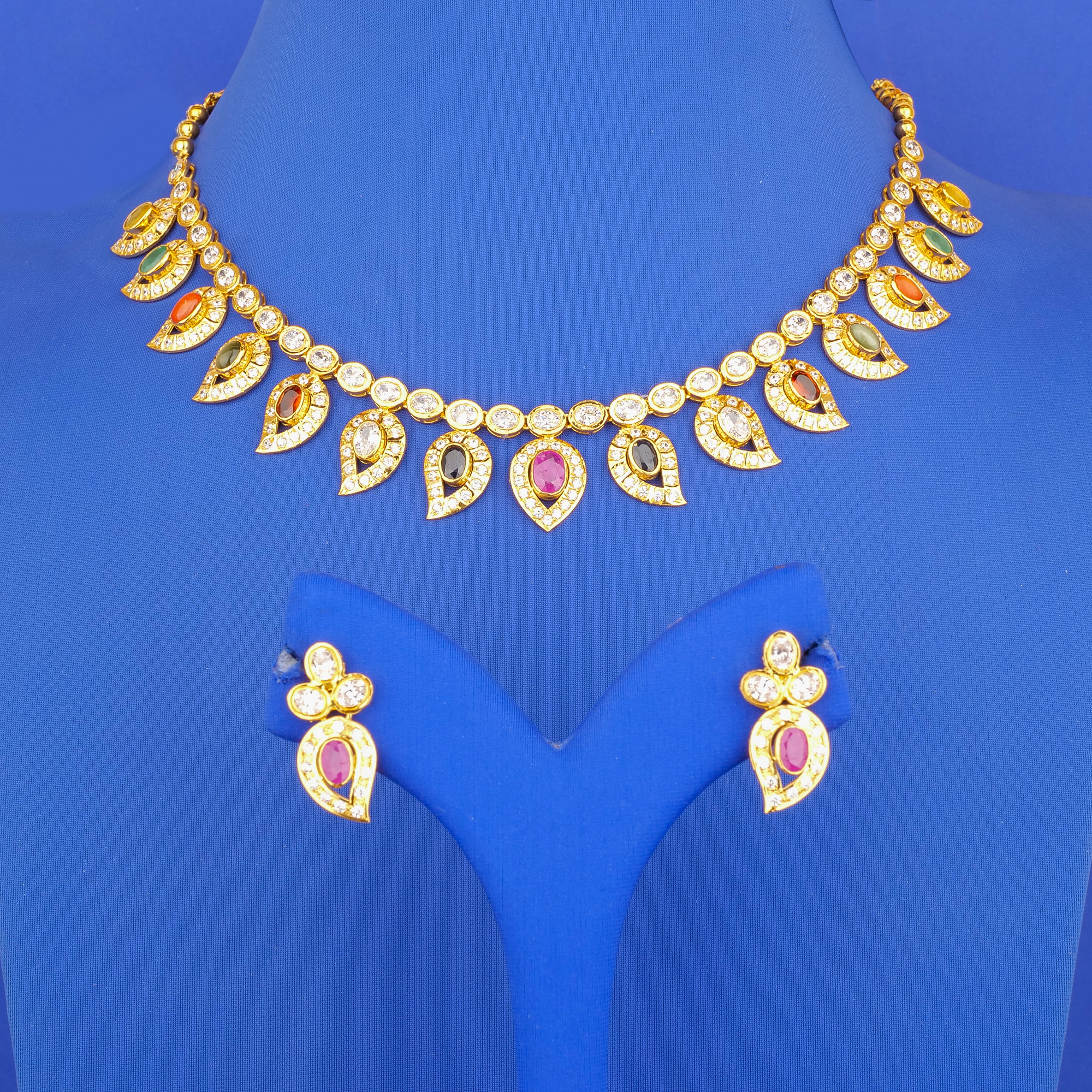 22K Gold Navaratna Cubic Zirconia Necklace and Earring Set