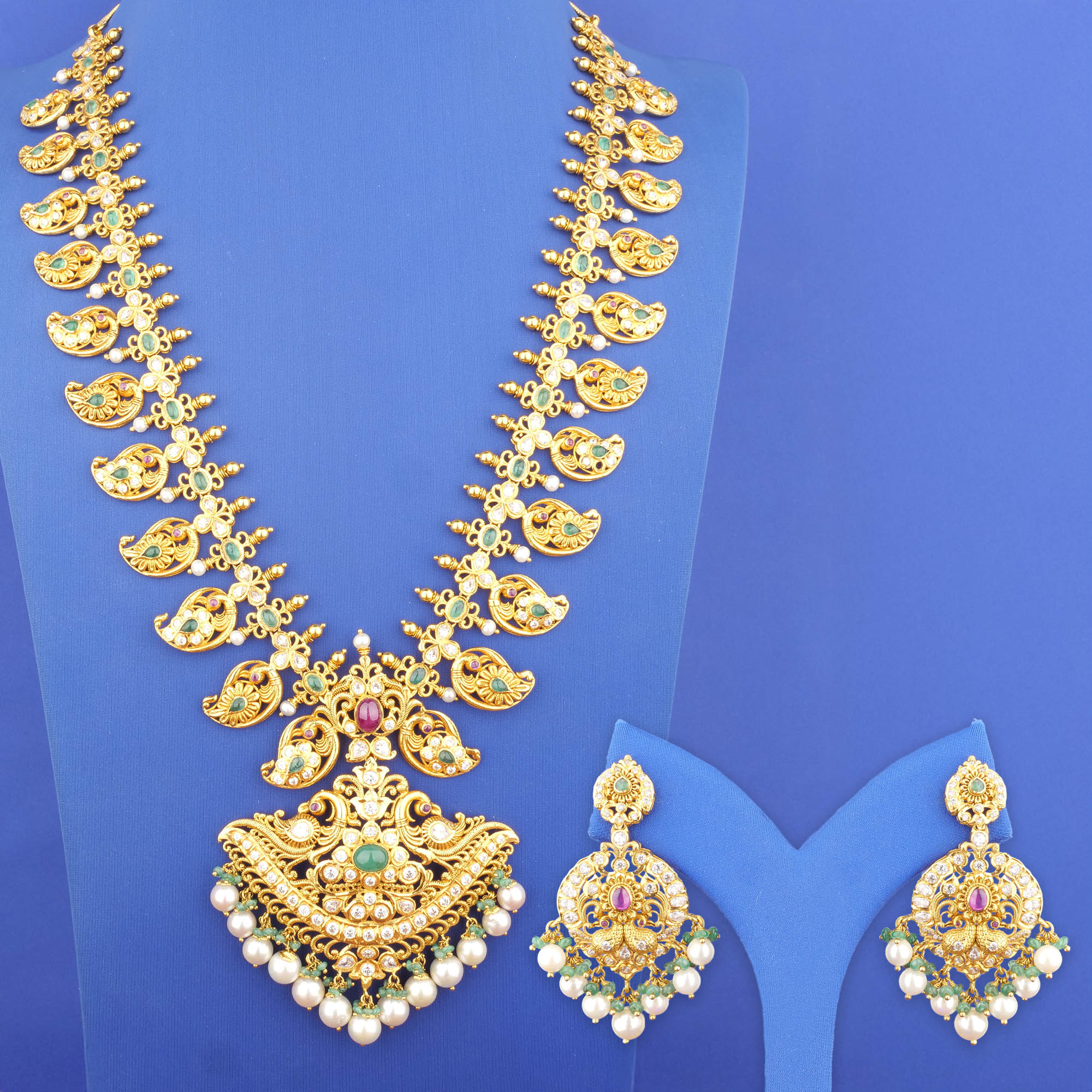 22K Gold Ruby Emerald Cubic Zirconia Pearl Necklace and Earrings Set