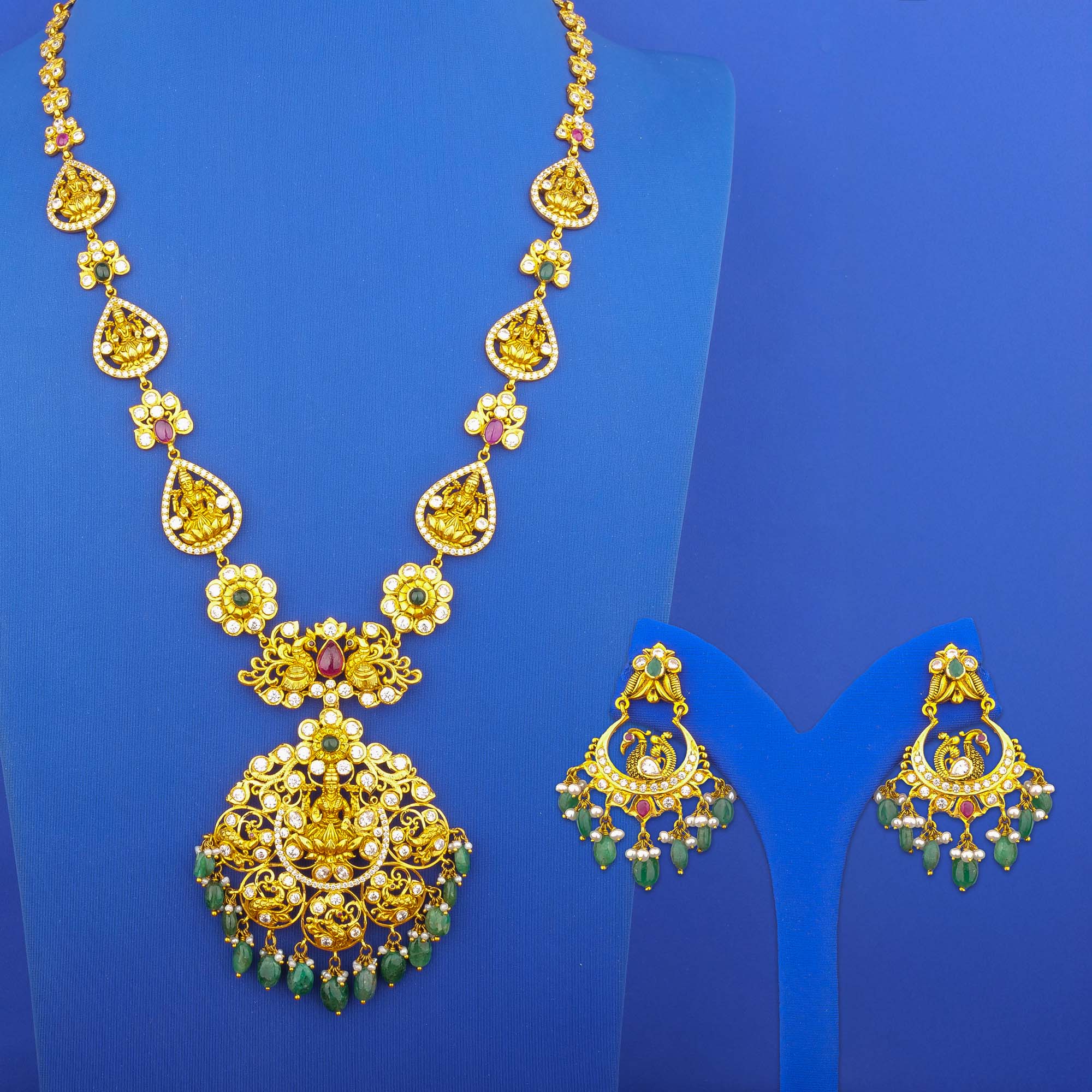 Twenty-Two Karat Gold Ruby Emerald Cubic Zirconia Pearl Necklace and Earrings Set