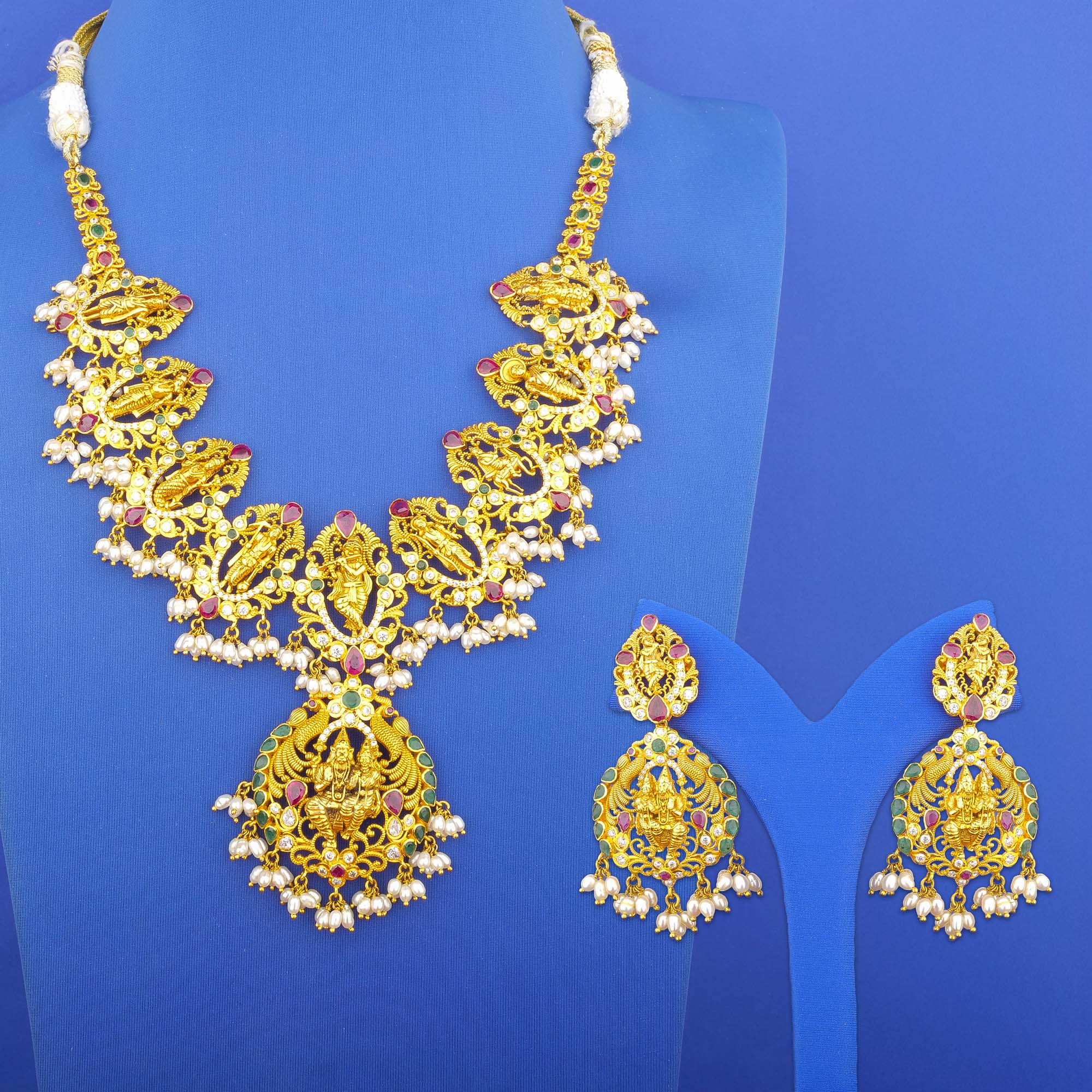 Twenty-Two Karat Ruby Emerald Pearl Cubic Zirconia Necklace and Earrings Set