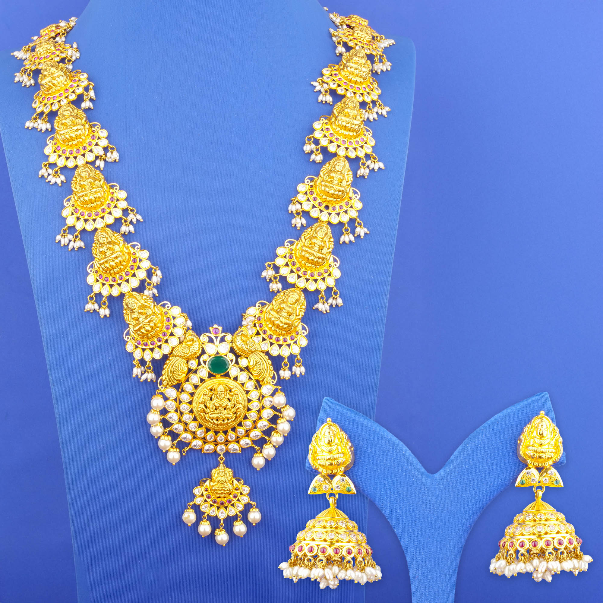 22K Gold Ruby Emerald Cubic Zirconia Pearl Necklace and Earrings Set