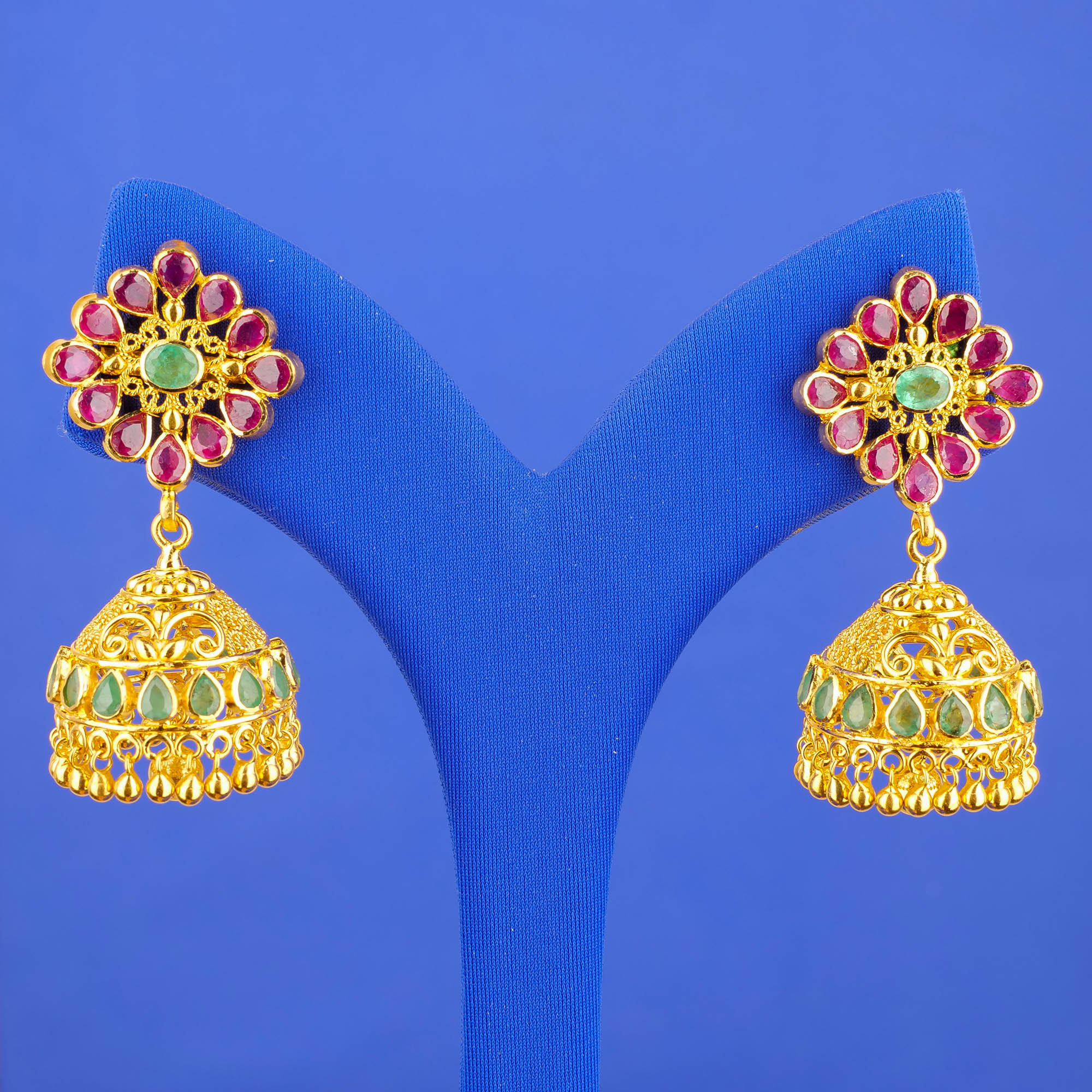 22K Gold Ruby Emerald 'Jhumka' Earrings