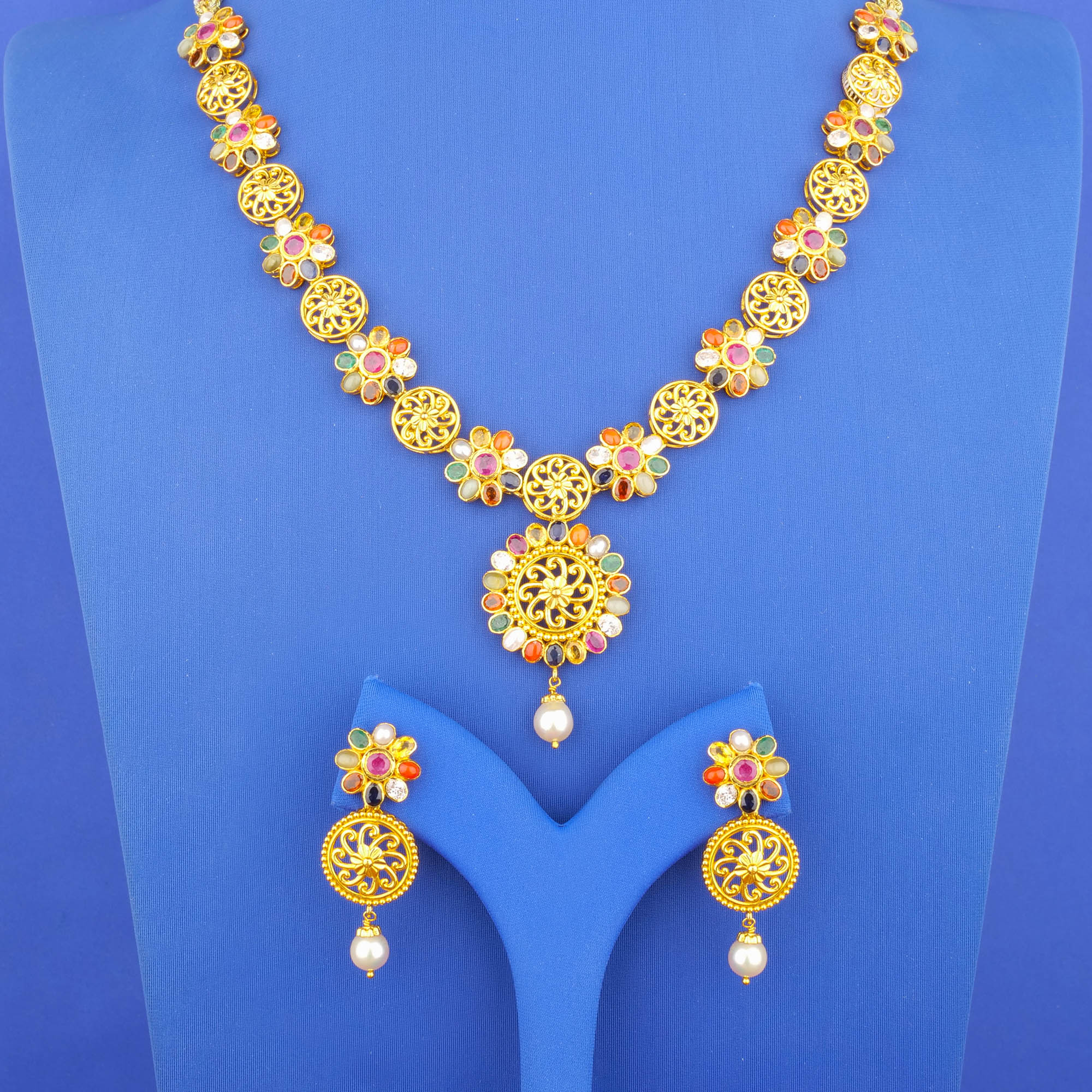22K Gold Navratna Cubic Zirconia Pearl Necklace and Earrings Set