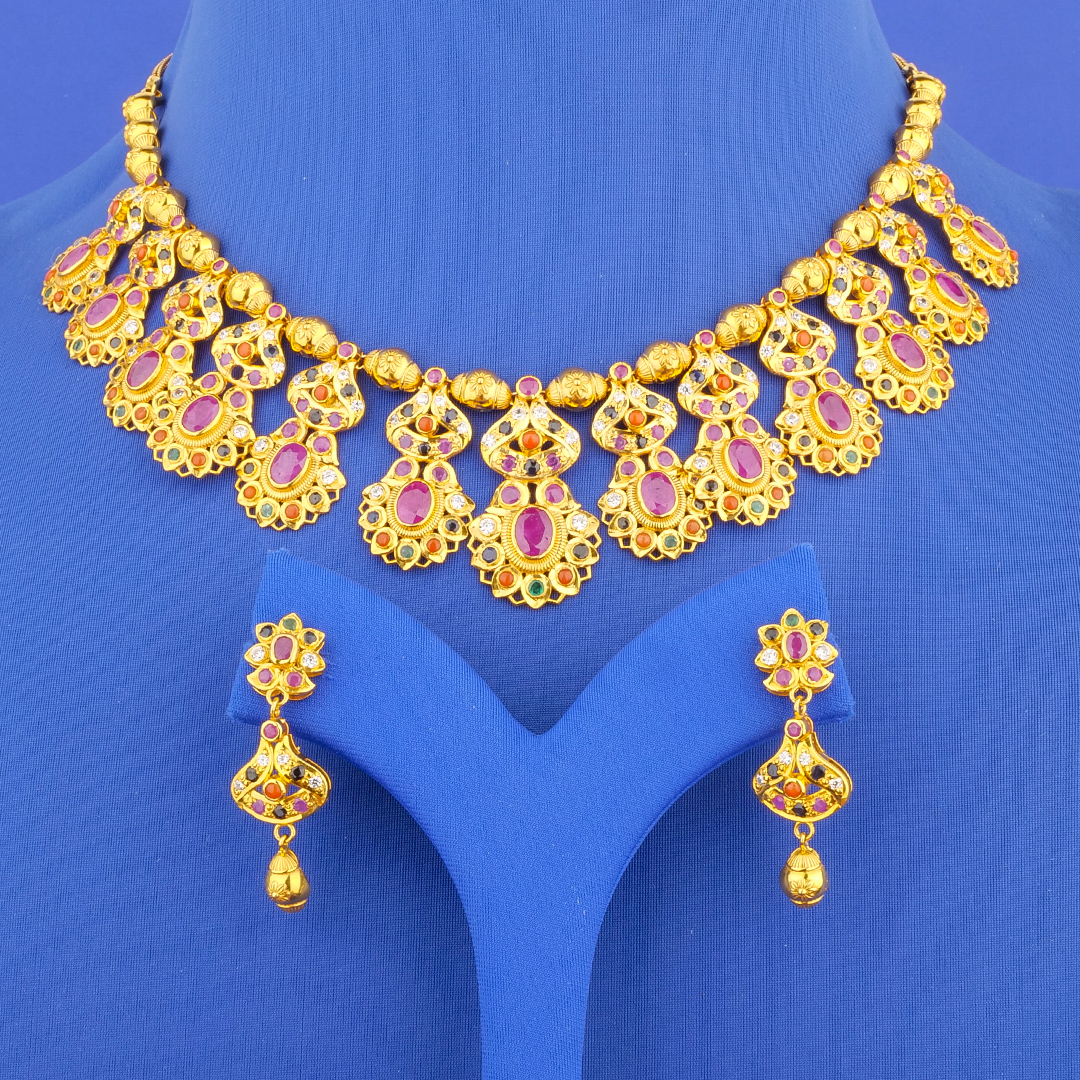 22K Gold Navratna Necklace and Earrings Set