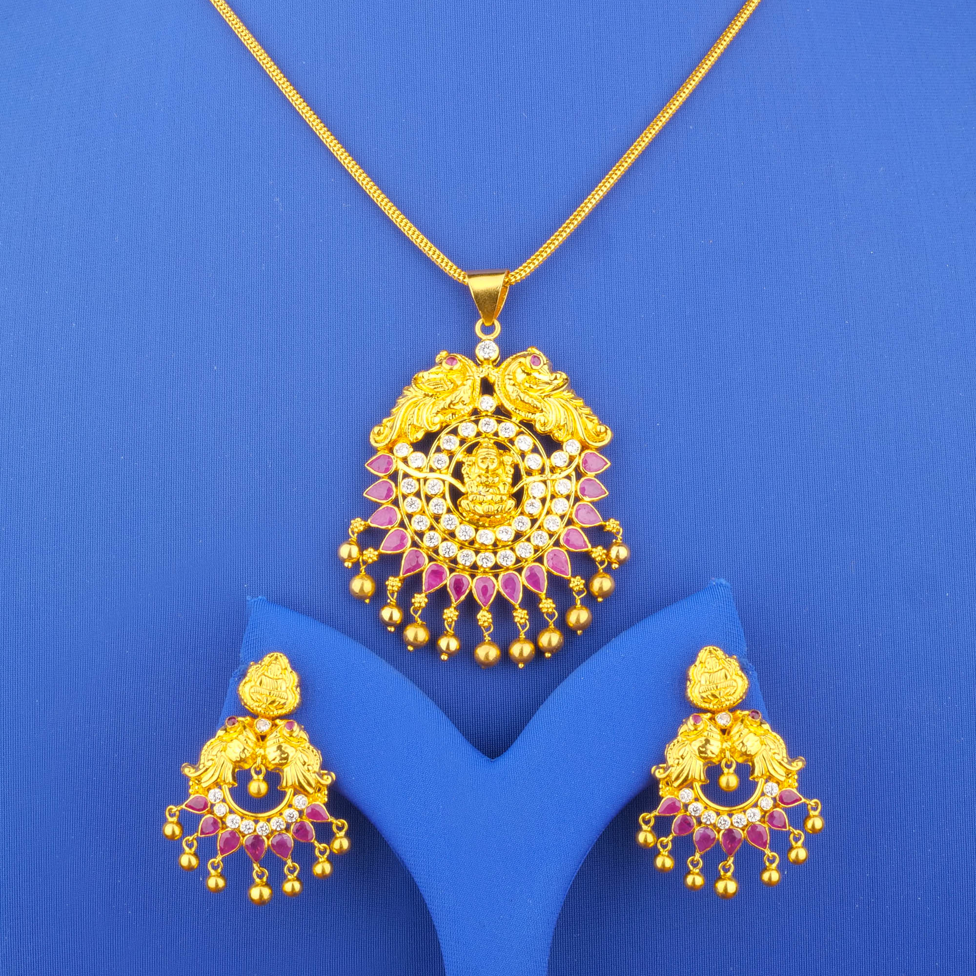 Twenty-Two Karat Gold Ruby Cubic Zirconia Pendant and Earrings Set (chain not included)