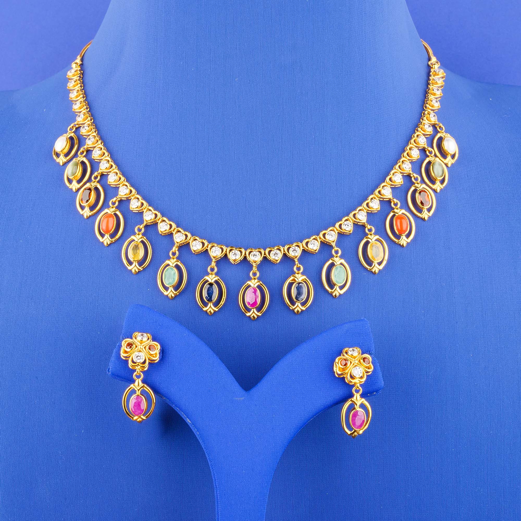 22K Gold Navratna Cubic Zirconia Necklace and Earring Set