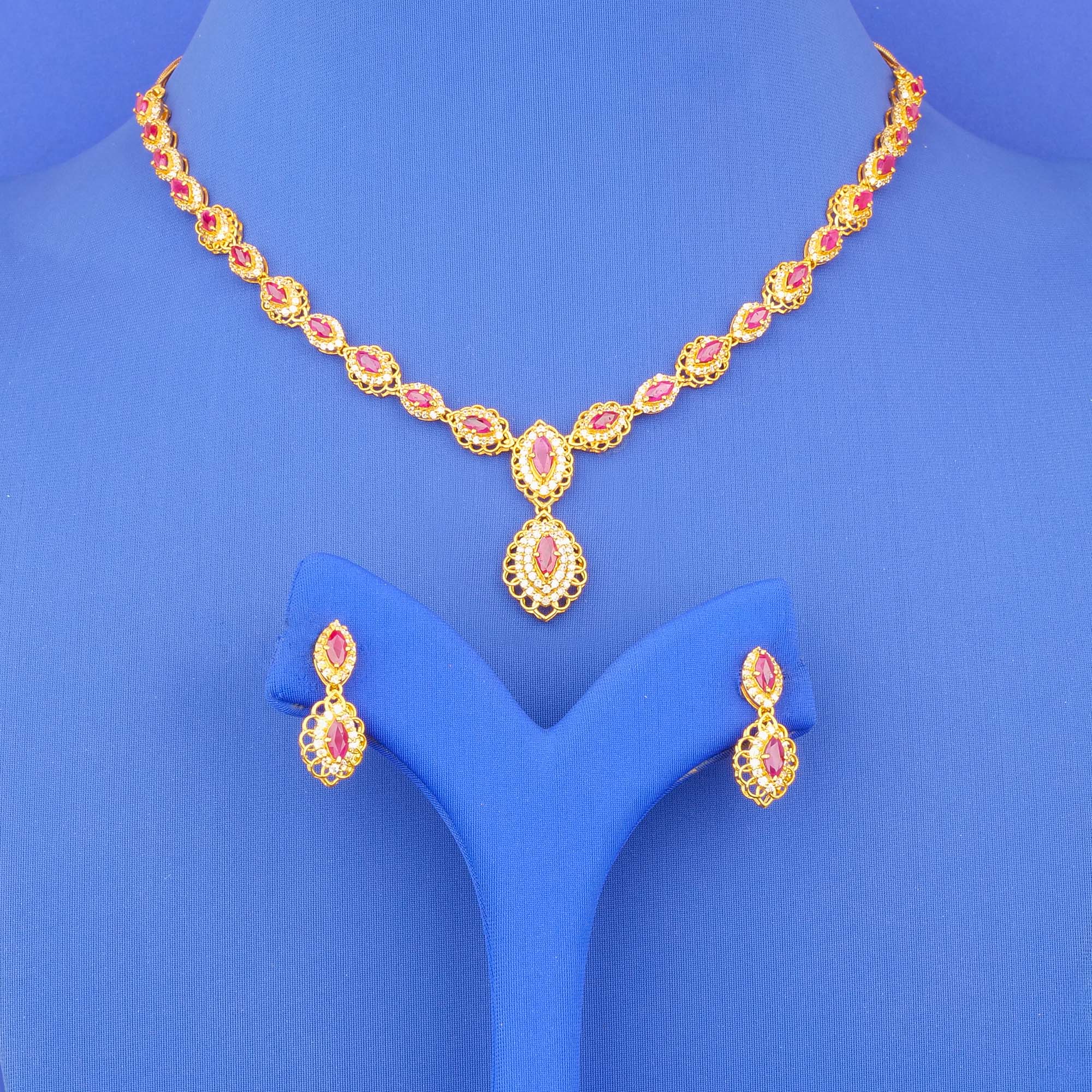 22K Gold Ruby Cubic Zirconia Necklace and Earring Set