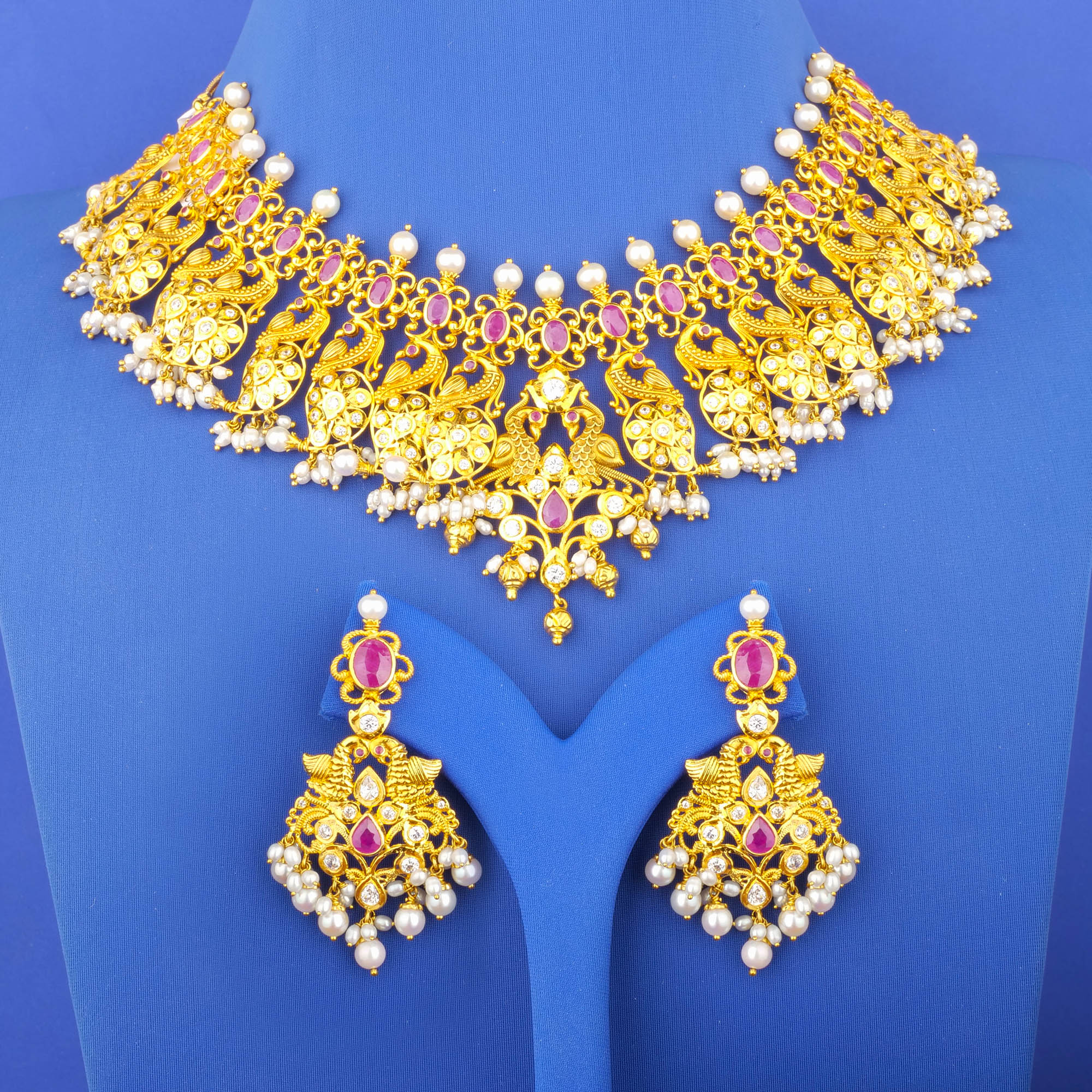 22K Gold Ruby Cubic Zirconia South Sea Pearl Necklace and Earrings Set