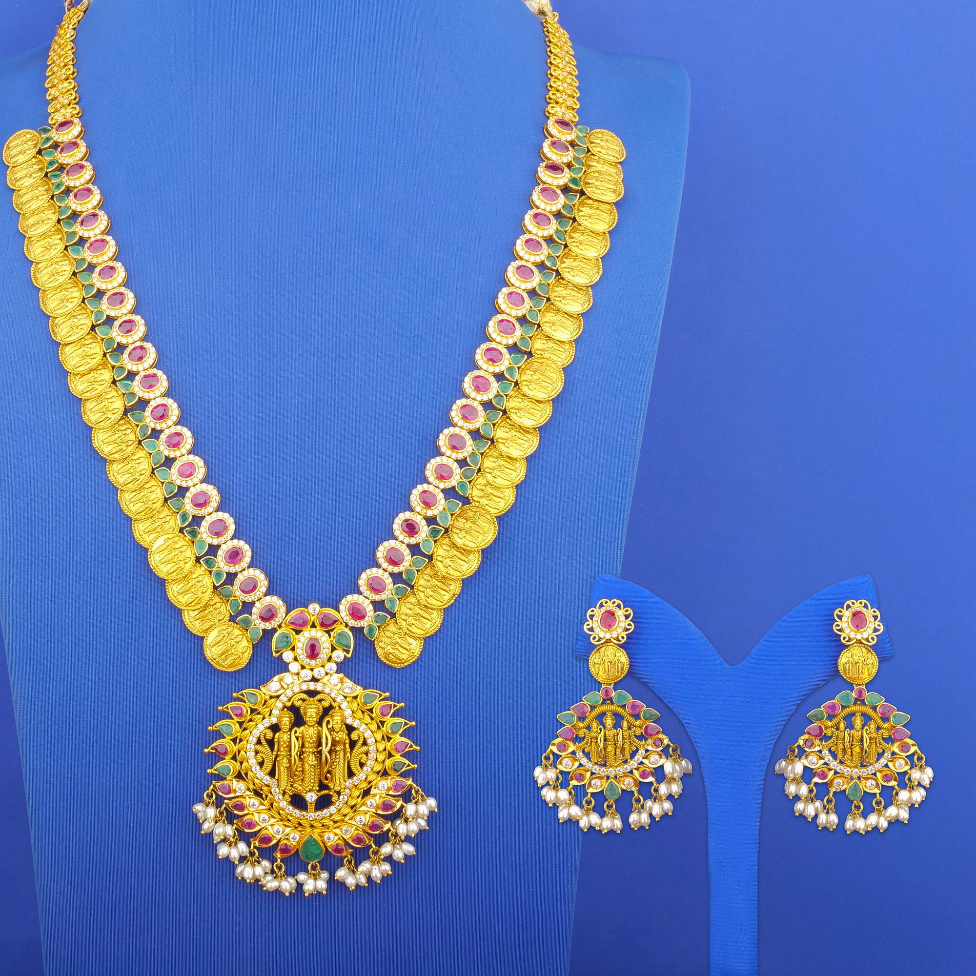 Twenty-Two Karat 'Ram Parivaar' Ruby Emerald Cubic Zirconia Pearl Necklace and Earrings Set