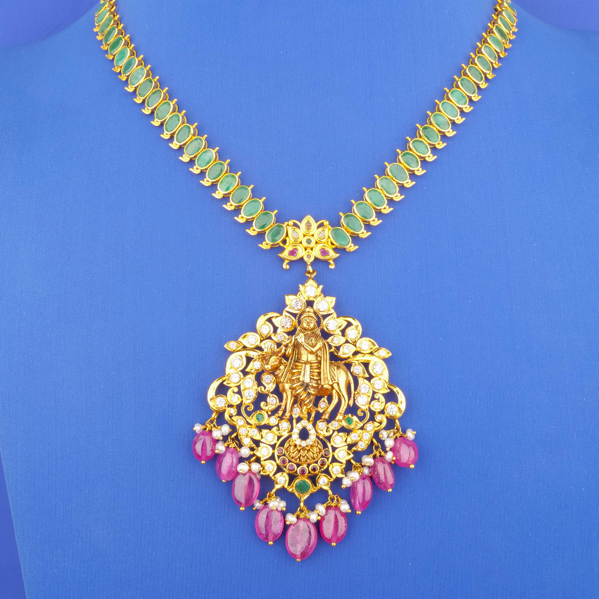 Twenty-Two Karat Gold Ruby Emerald Cubic Zirconia Pearl Necklace