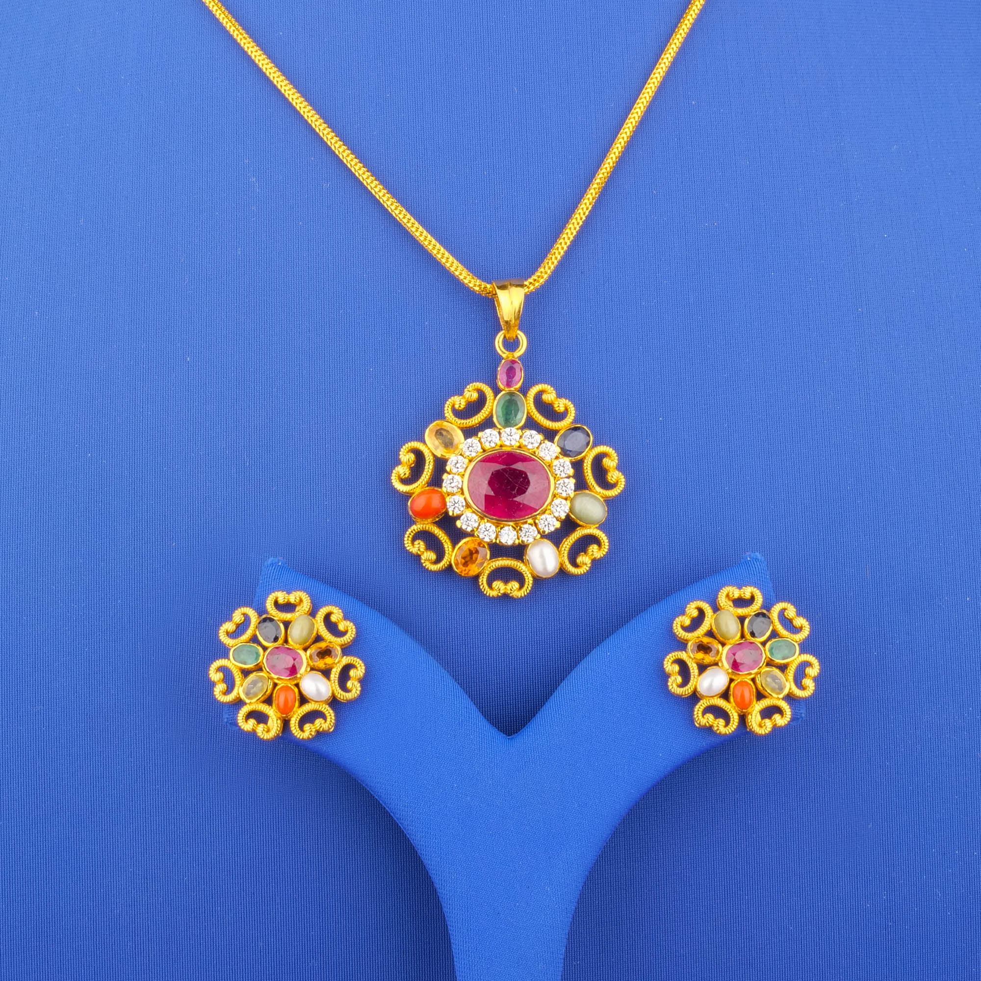 Twenty-Two Karat Gold Navratna Pendant and Earrings Set (chain not included)