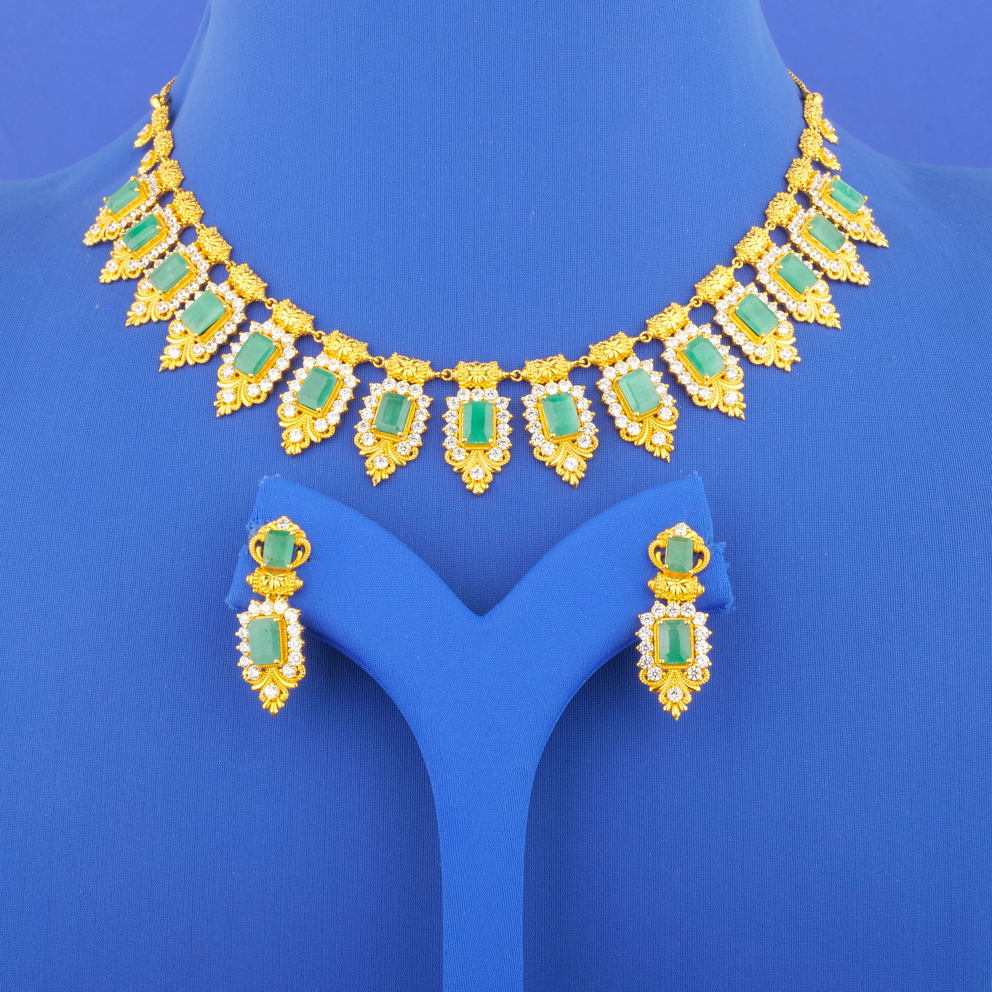 22K Gold Emerald Cubic Zirconia Necklace and Earrings Set
