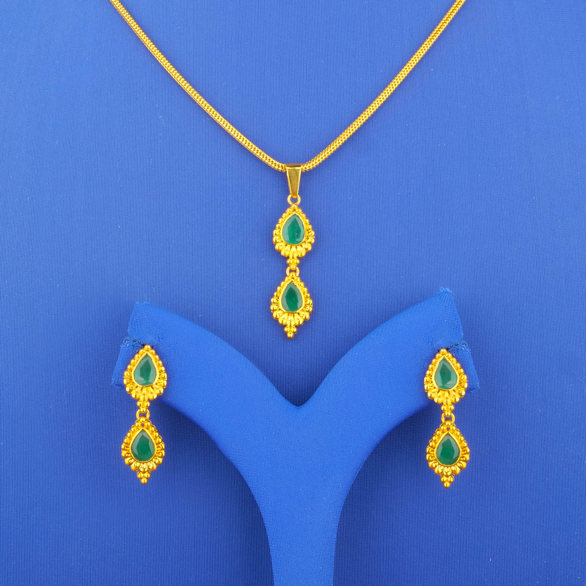 Twenty-Two Karat Gold Emerald Pendant and Earrings Set (chain not included)