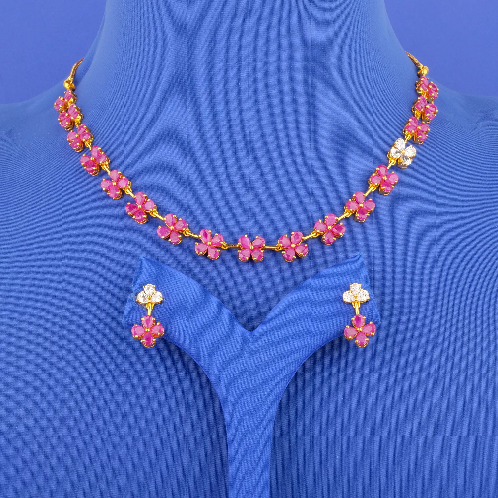 22K Gold Ruby Cubic Zirconia Necklace and Earrings Set (Cat. #40)