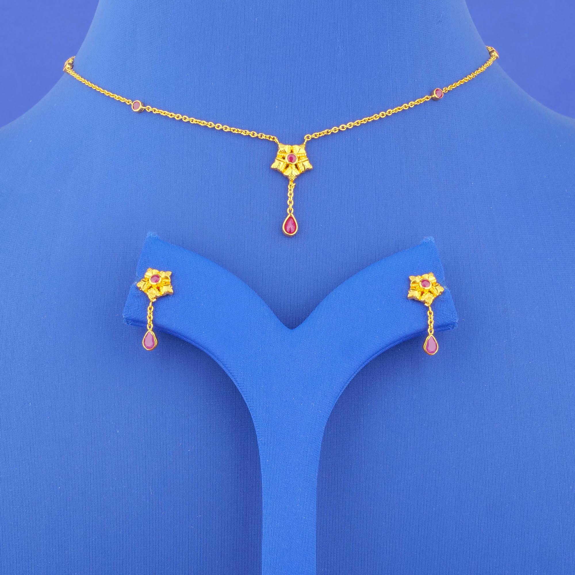 Twenty-Two Karat Gold Ruby Necklace and Earrings Set