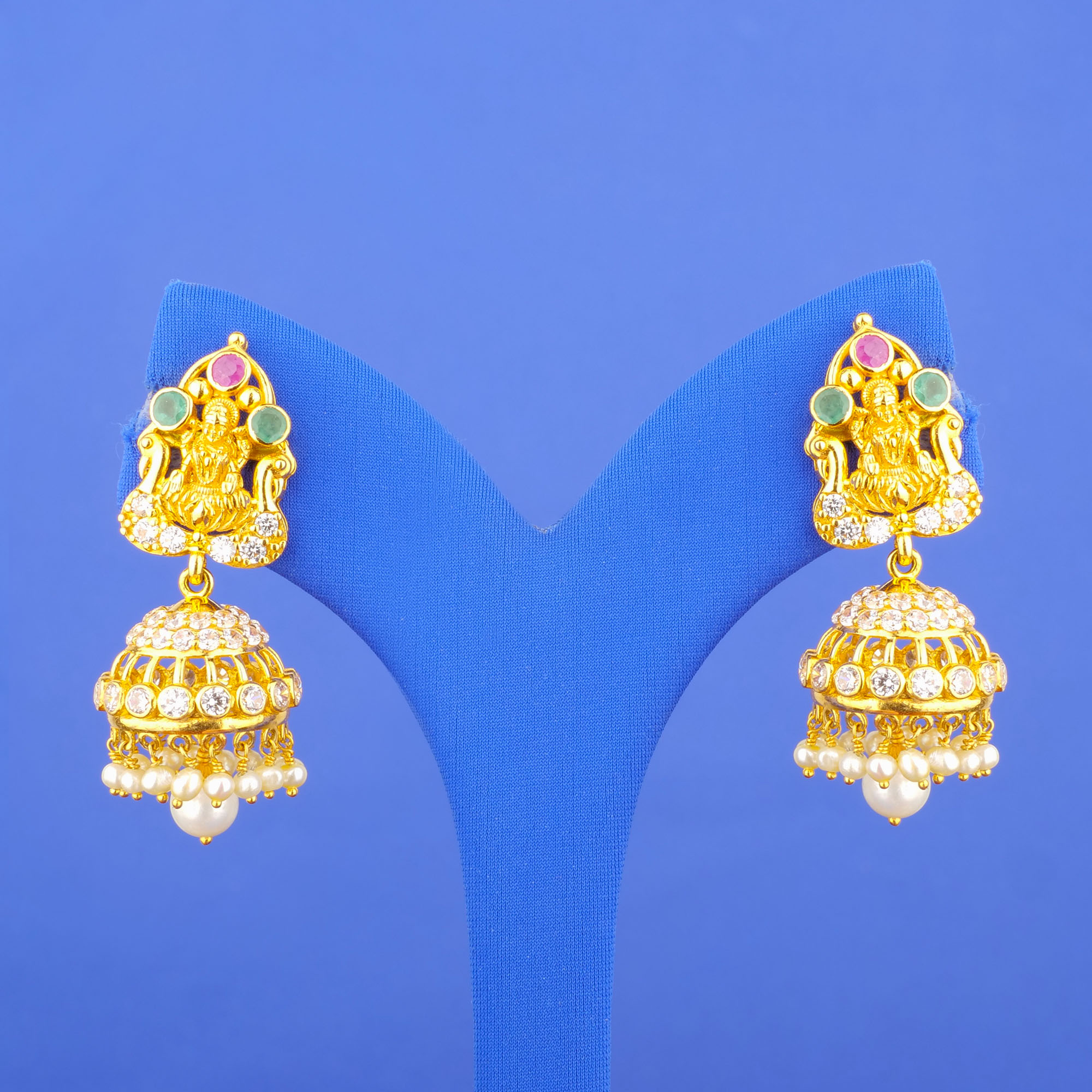 Twenty-Two Karat 'Lakshmi' Ruby Emerald Cubic Zirconia South Sea Pearl Earrings