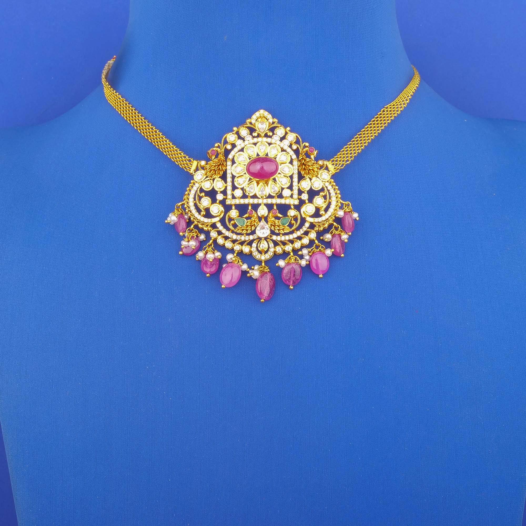 Twenty-Two Karat Gold Ruby Emerald Cubic Zirconia Pearl Necklace/Choker