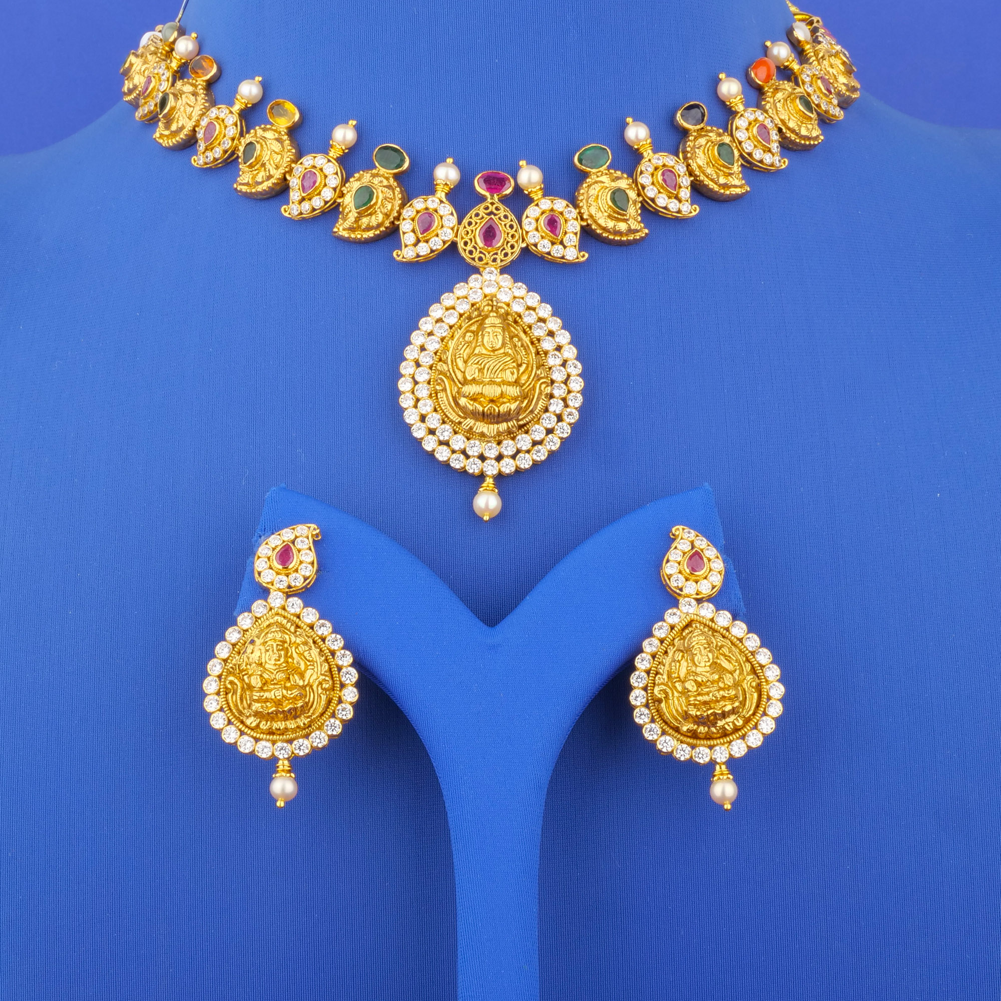 22K 'Lakshmi' Navratna Necklace and Earrings Set