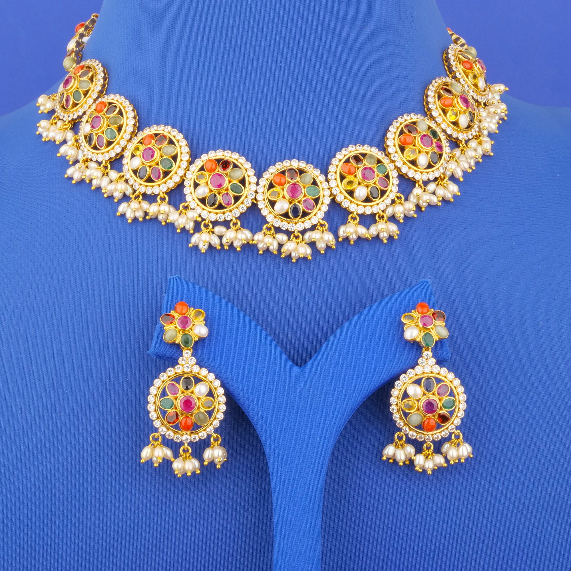 22K Gold Navratna Necklace and Earrings Set
