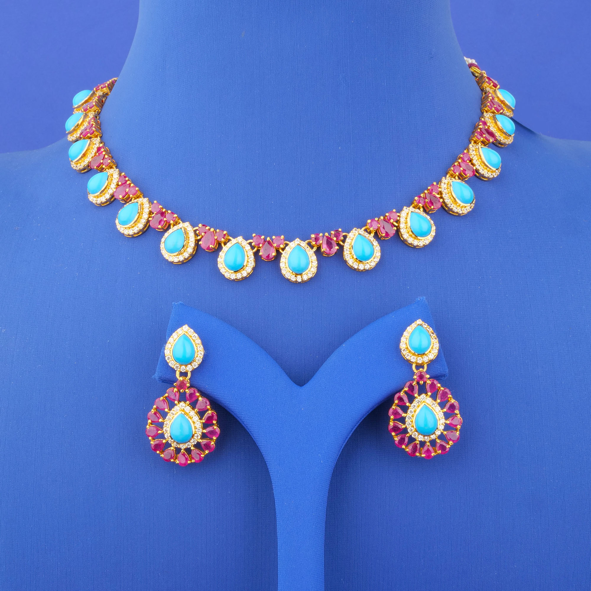 22K Gold Ruby Turquoise Cubic Zirconia Necklace and Earrings Set