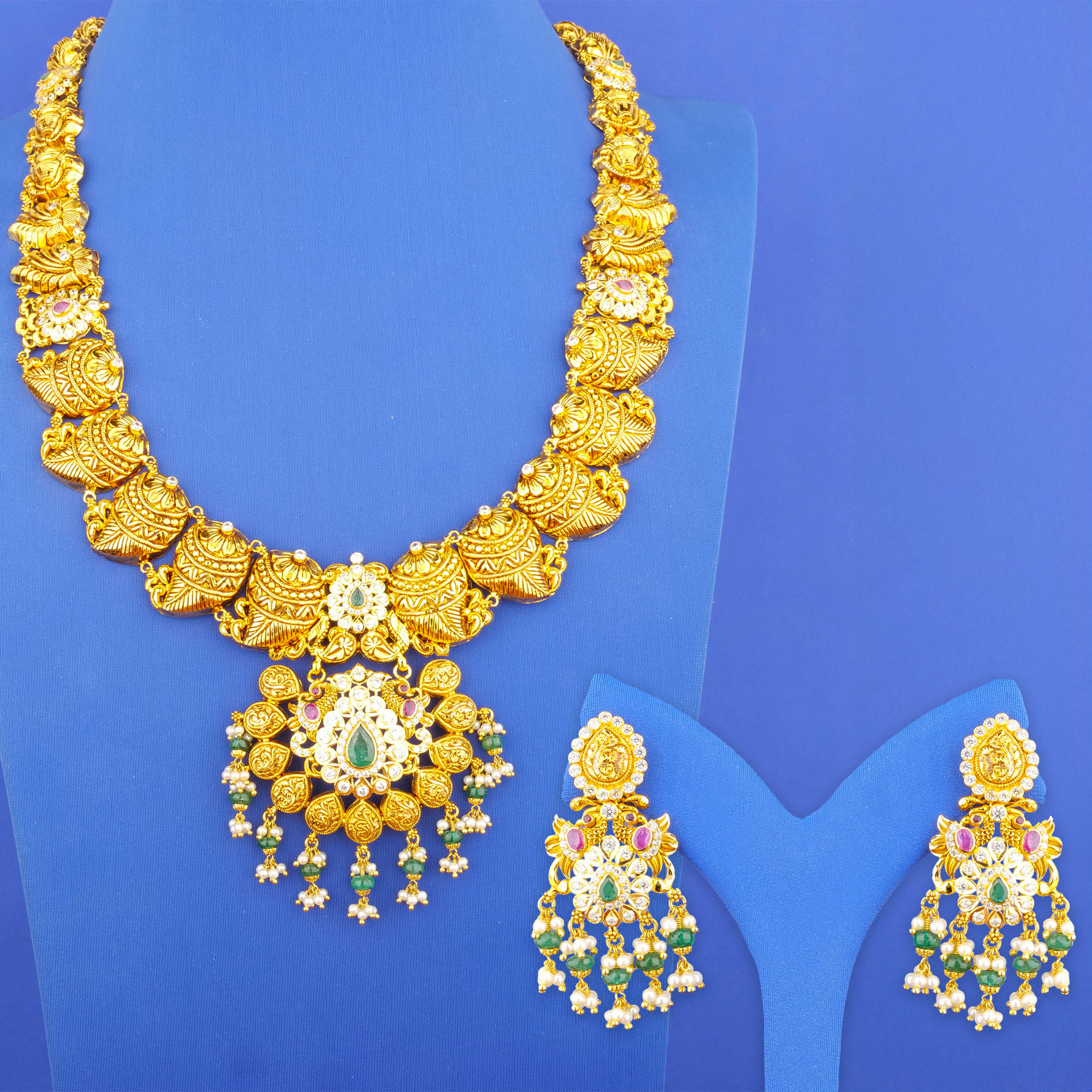 22K Gold Ruby Emerald Cubic Zirconia Pearl Necklace and Earrings Set