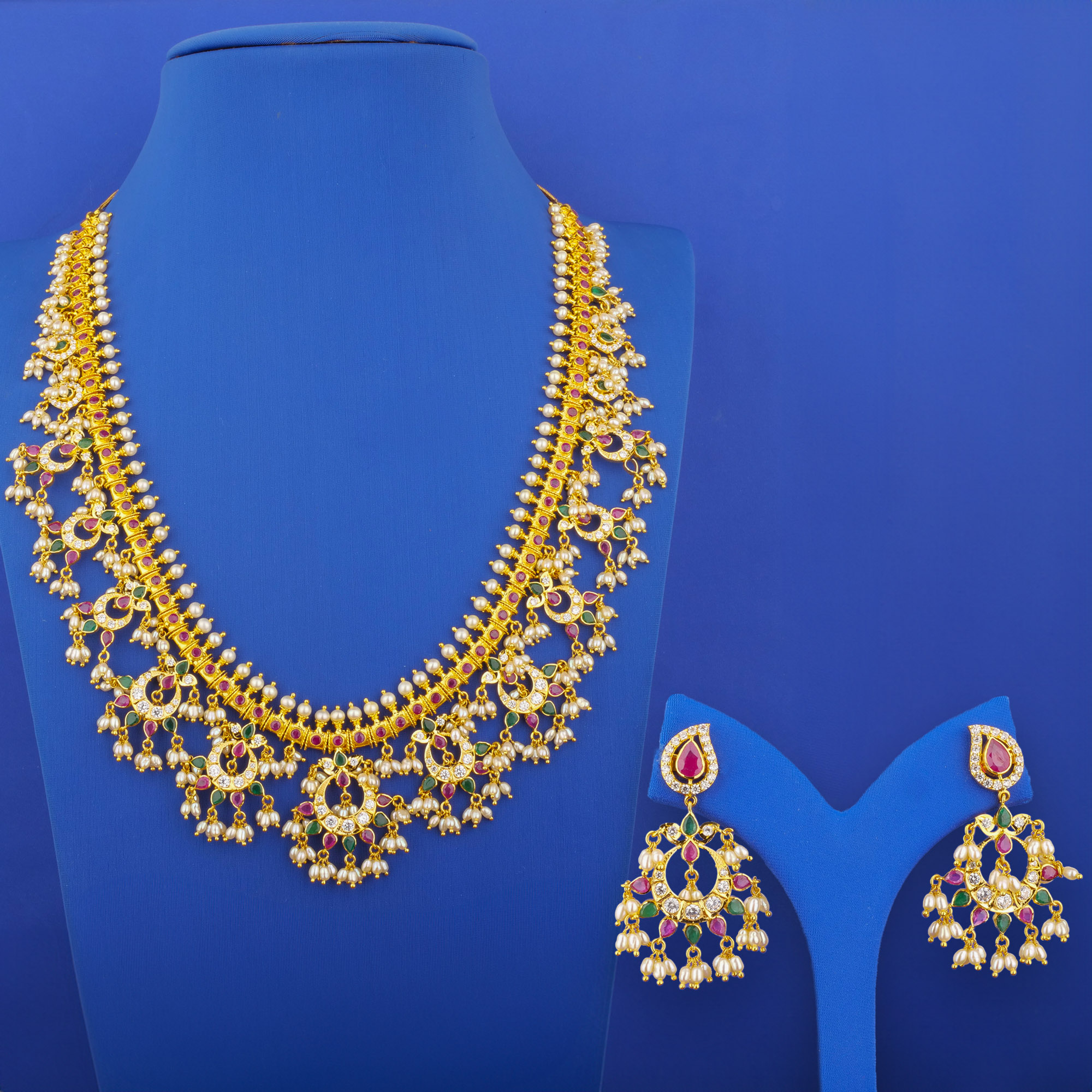22K Gold RE Cubic Zirconia Pearl Necklace and Earrings Set