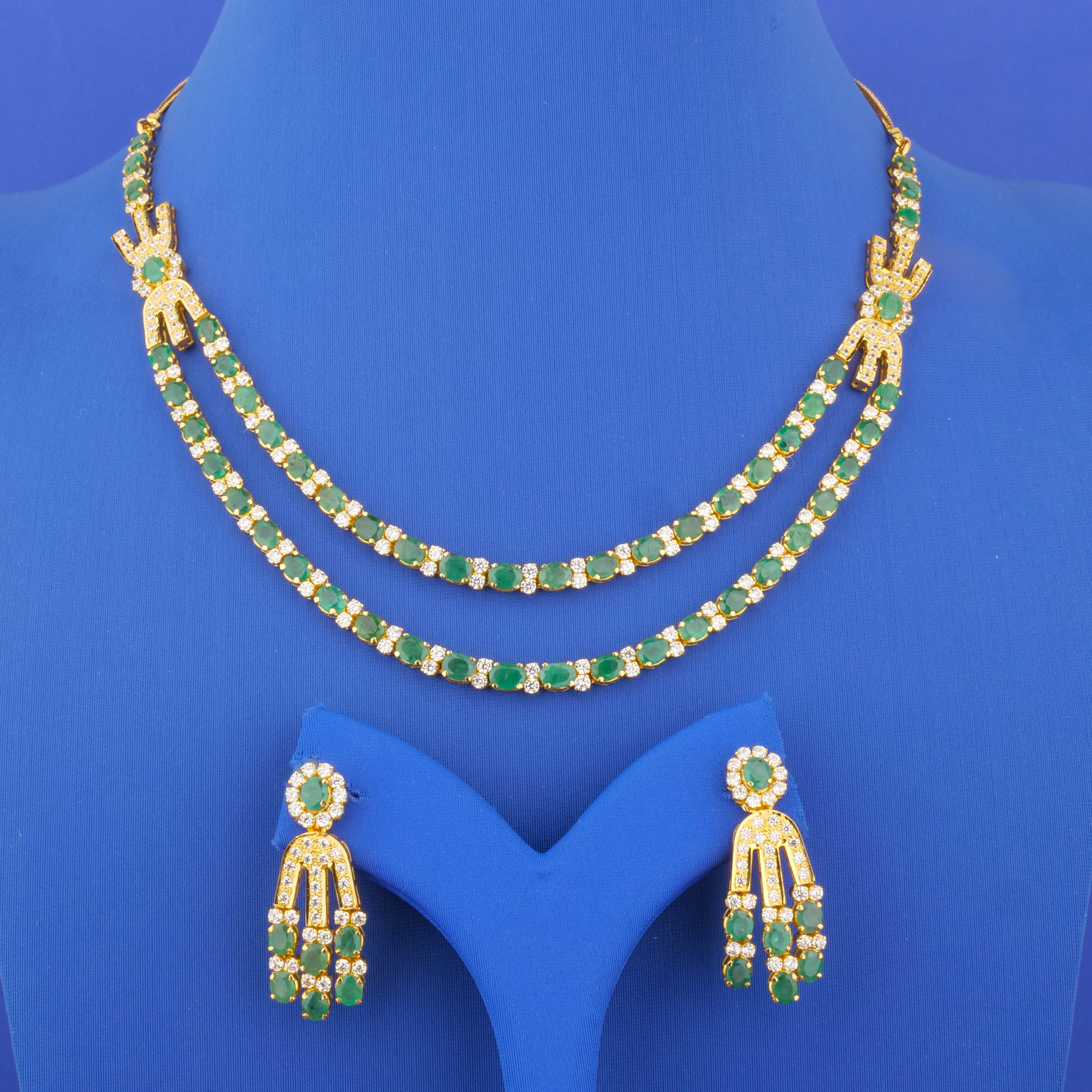 22K Gold Emerald Cubic Zirconia Necklace and Earrings Set