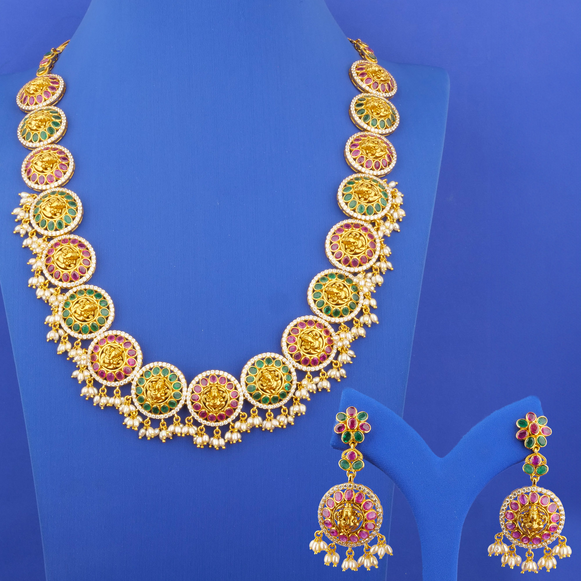 22K Gold 'Ganesha' Ruby Emerald Cubic Zirconia Pearl Belt/Necklace and Earrings Set