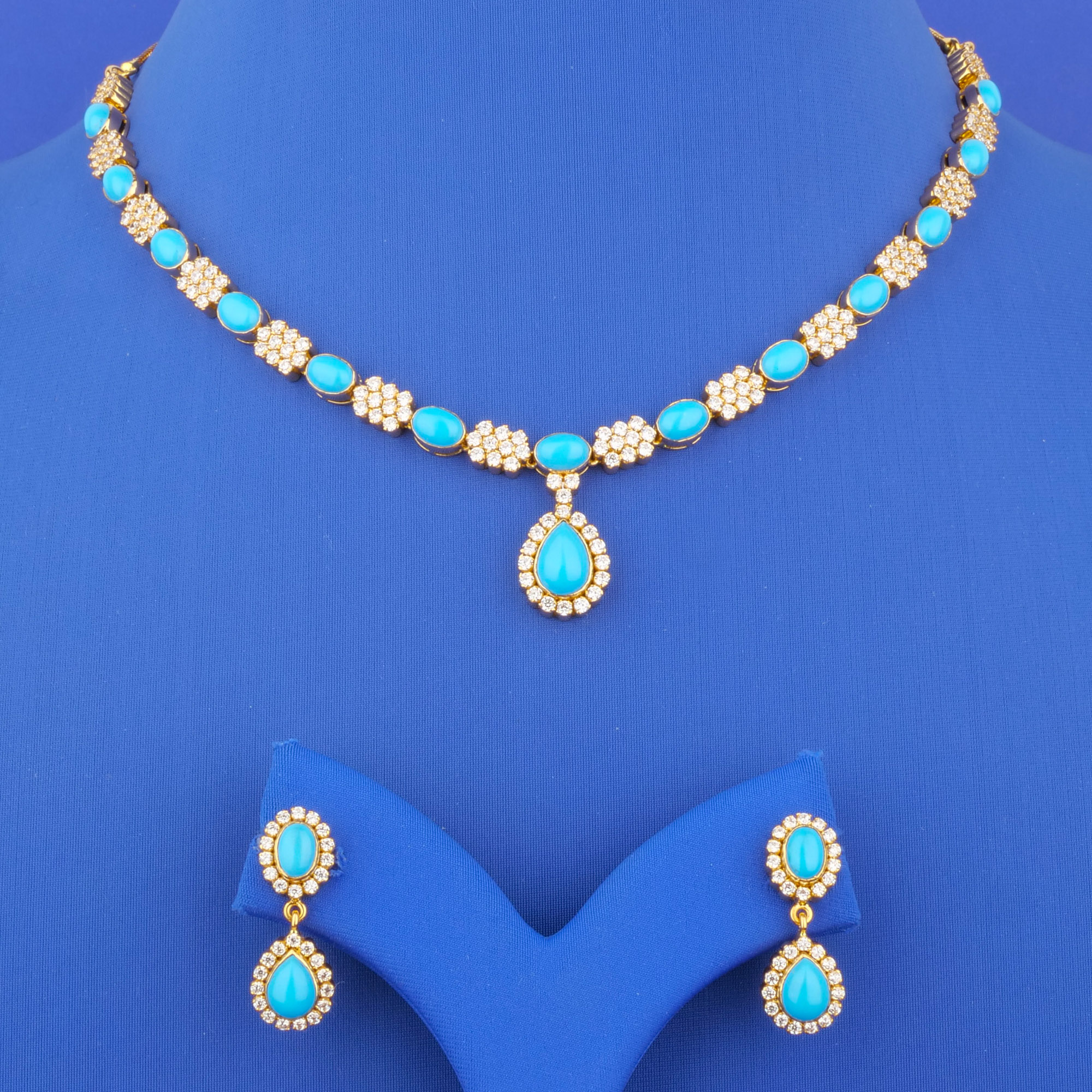 22K Gold Turquoise Cubic Zirconia Necklace and Earrings Set