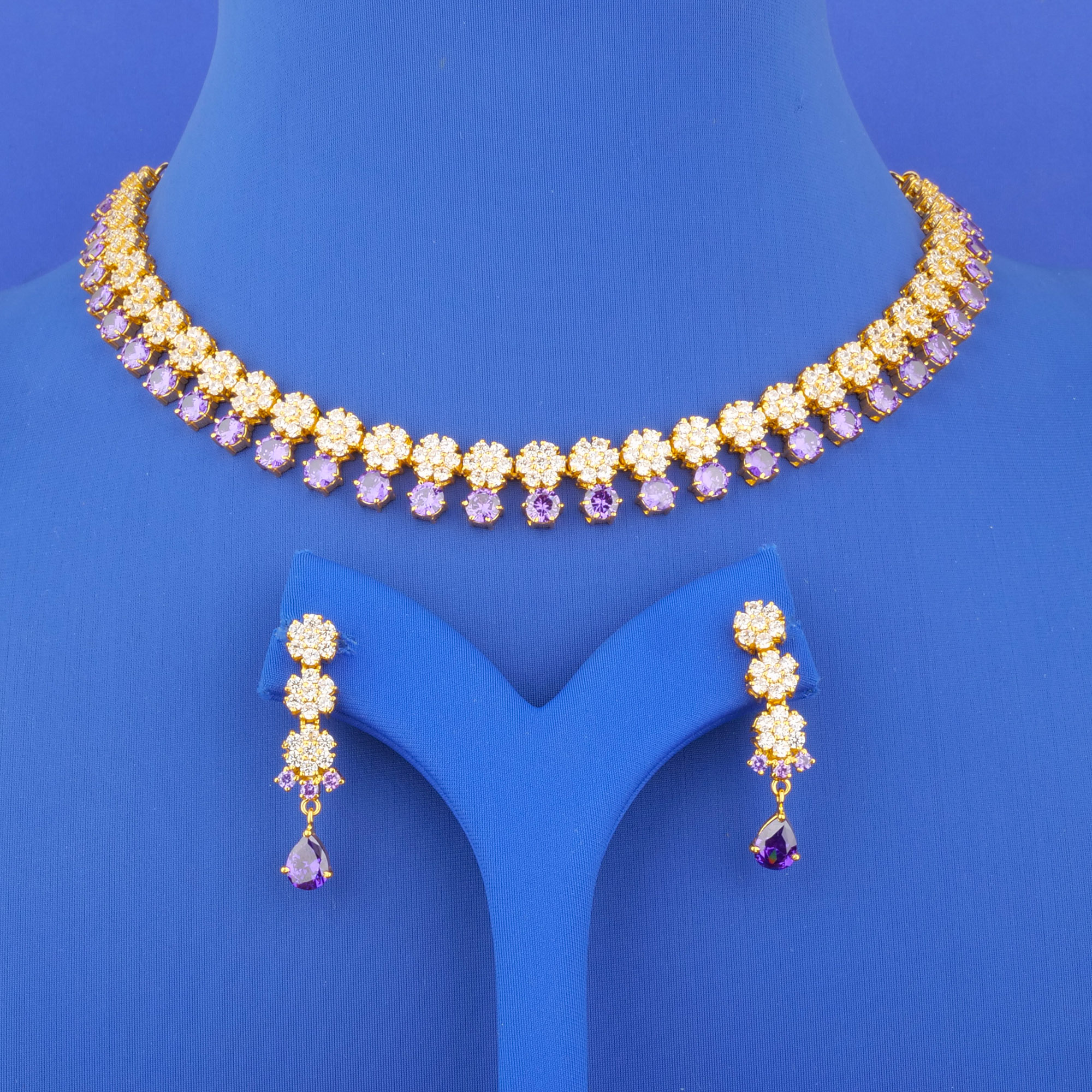 22K Gold Amethyst Cubic Zirconia Necklace and Earrings Set