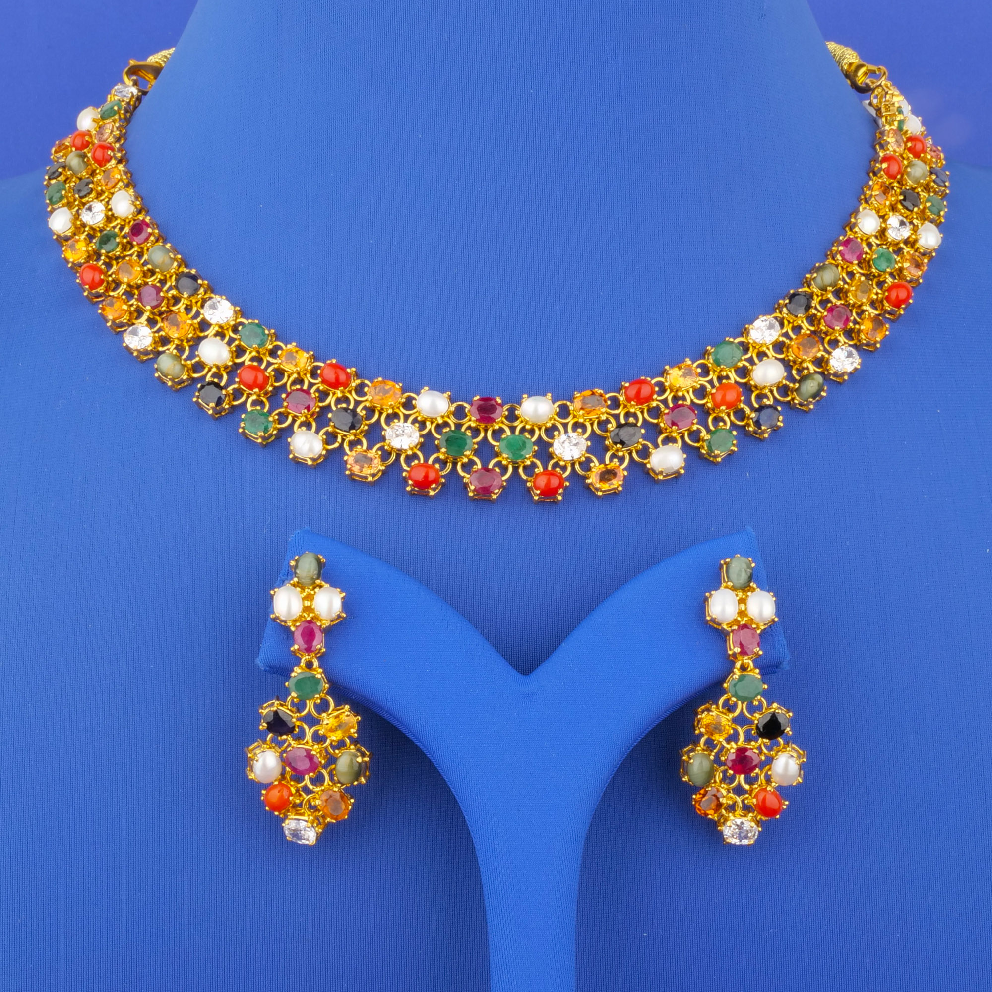 22K Gold Navratna Necklace and Earrings Set