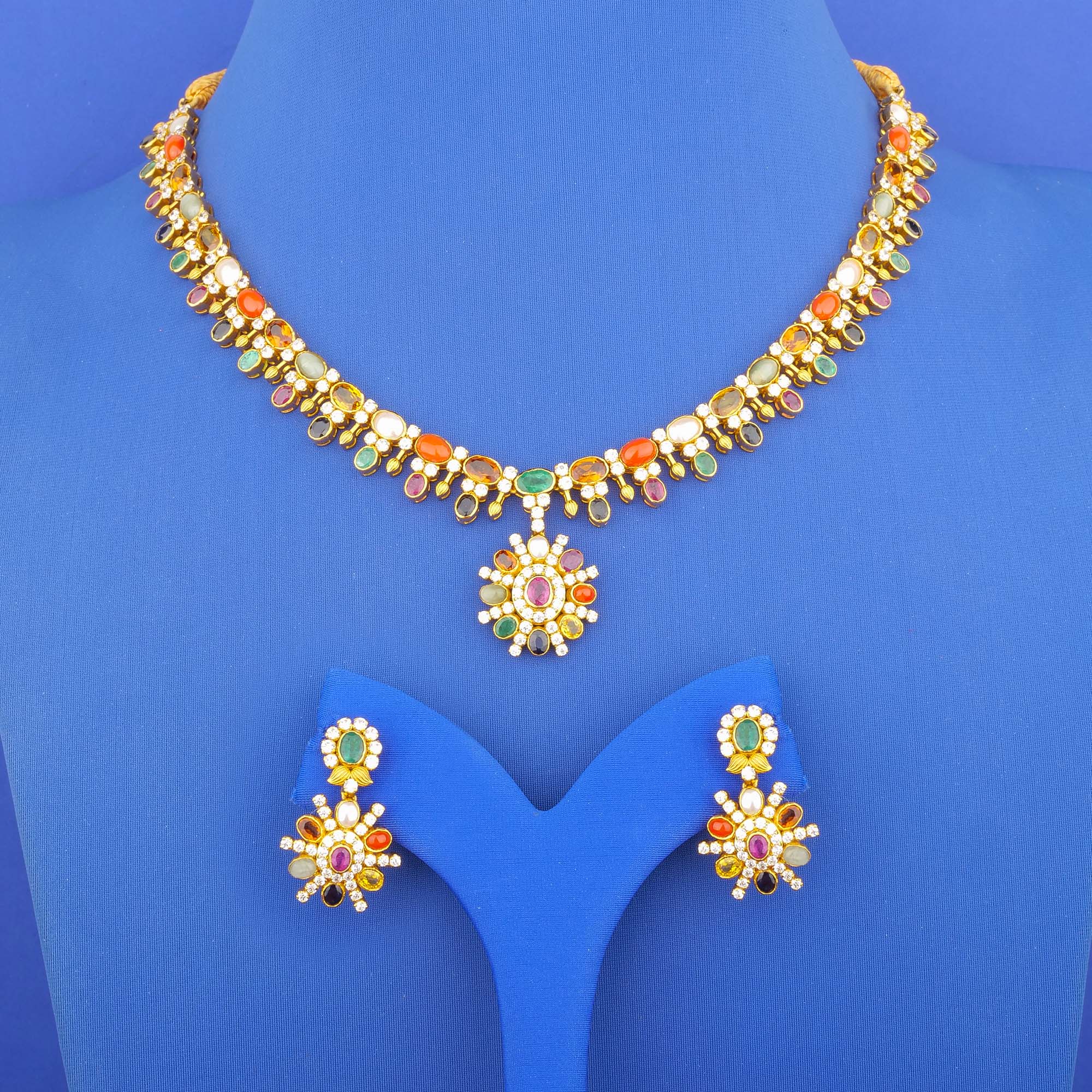 Twenty-Two Karat Gold Navratna Necklace and Earrings Set