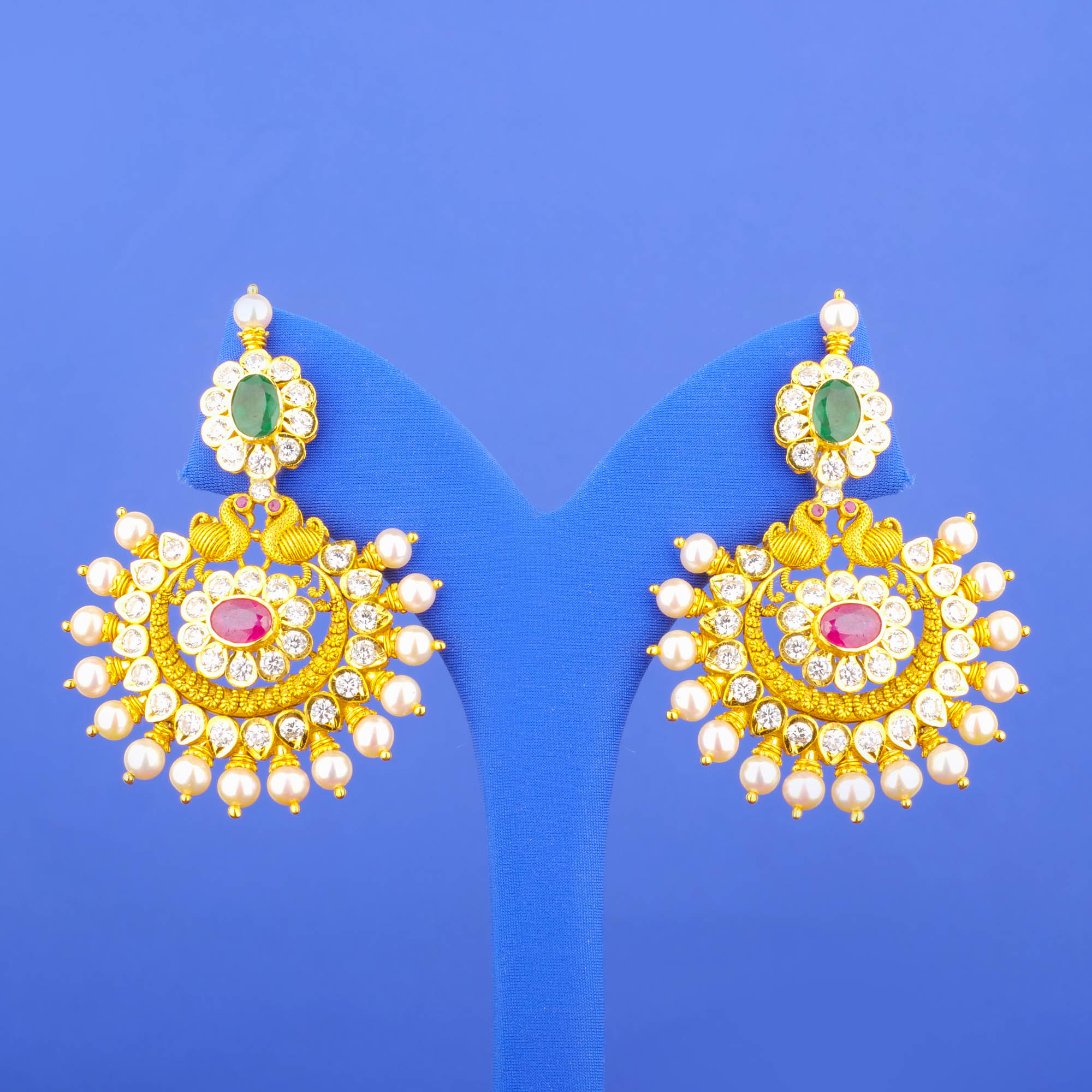 Twenty-Two Karat Gold Ruby Emerald Cubic Zirconia Pearl Earrings