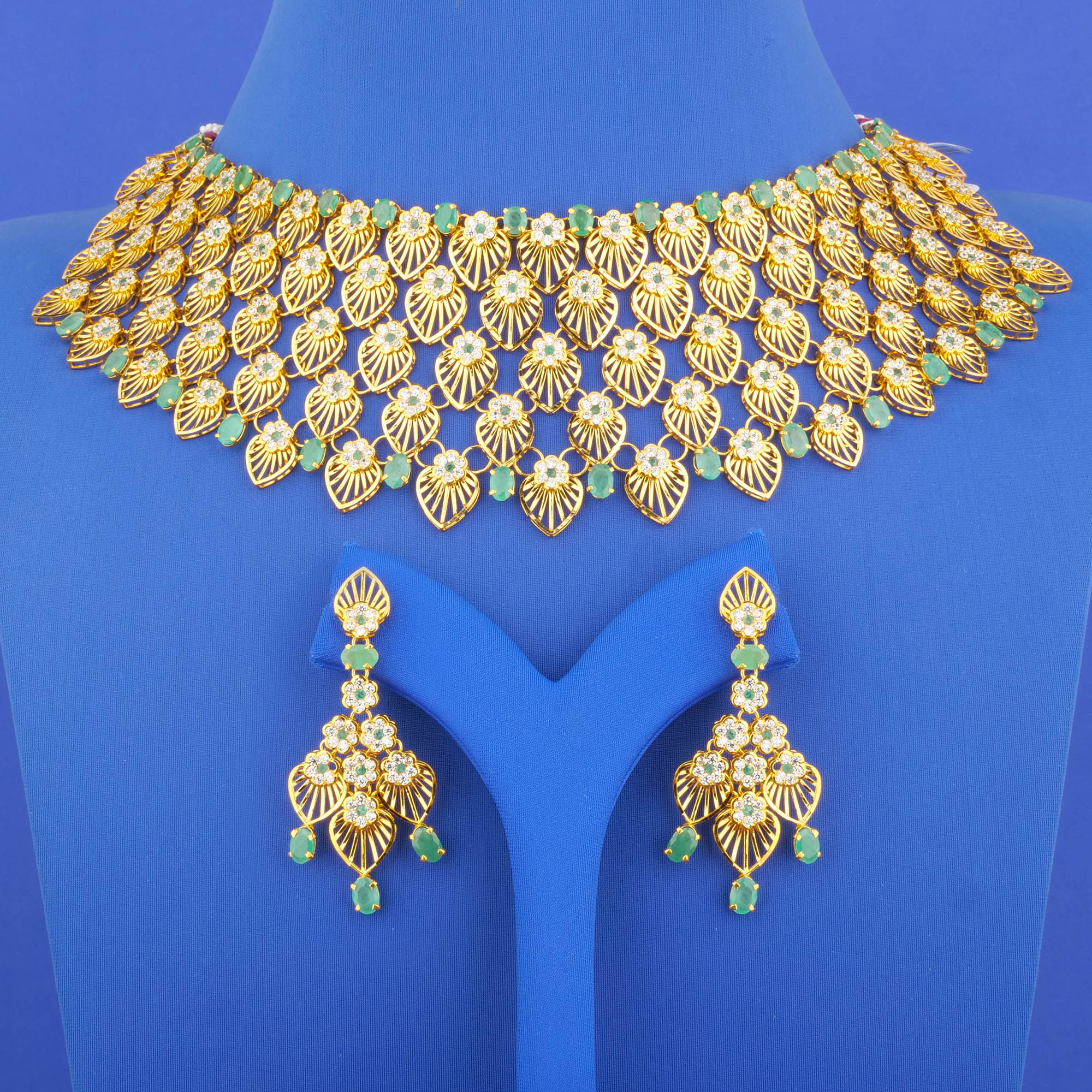22K Gold Emerald Cubic Zirconia Necklace and Earrings Set