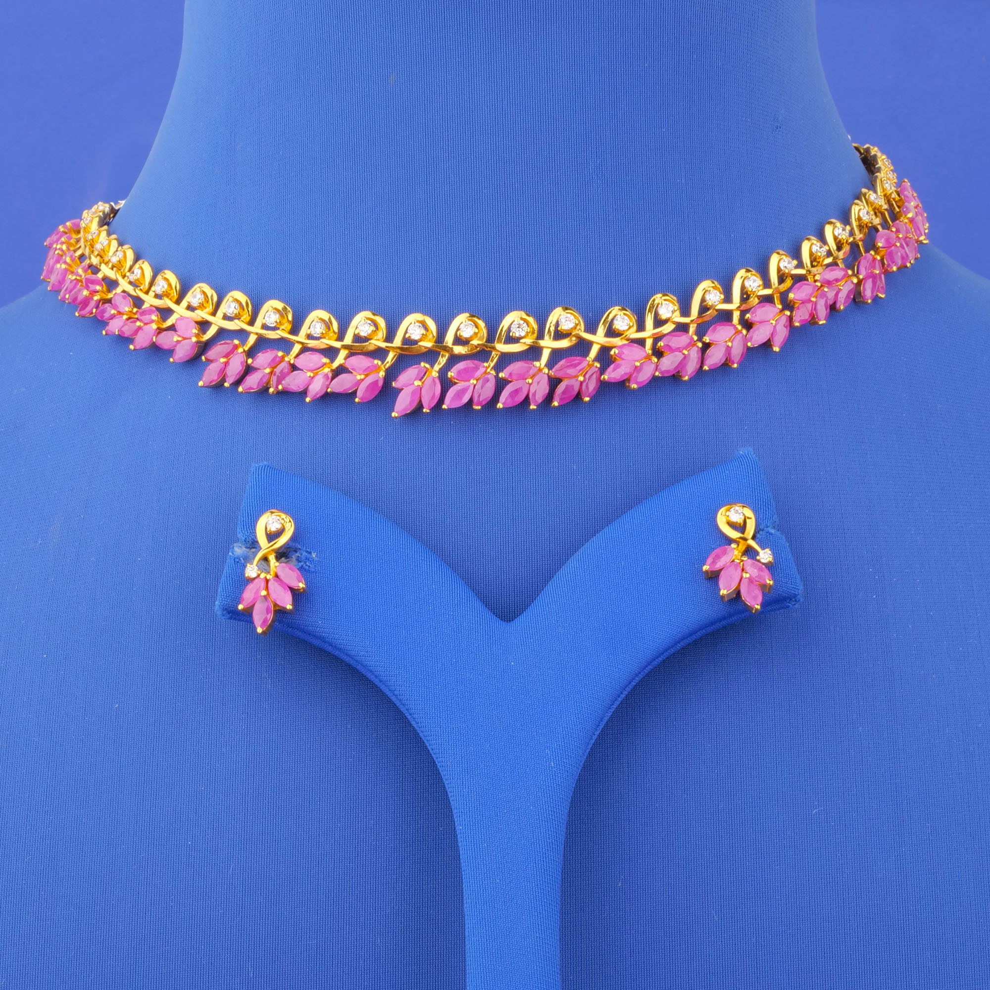 22K Gold Ruby Cubic Zirconia Necklace and Earrings Set
