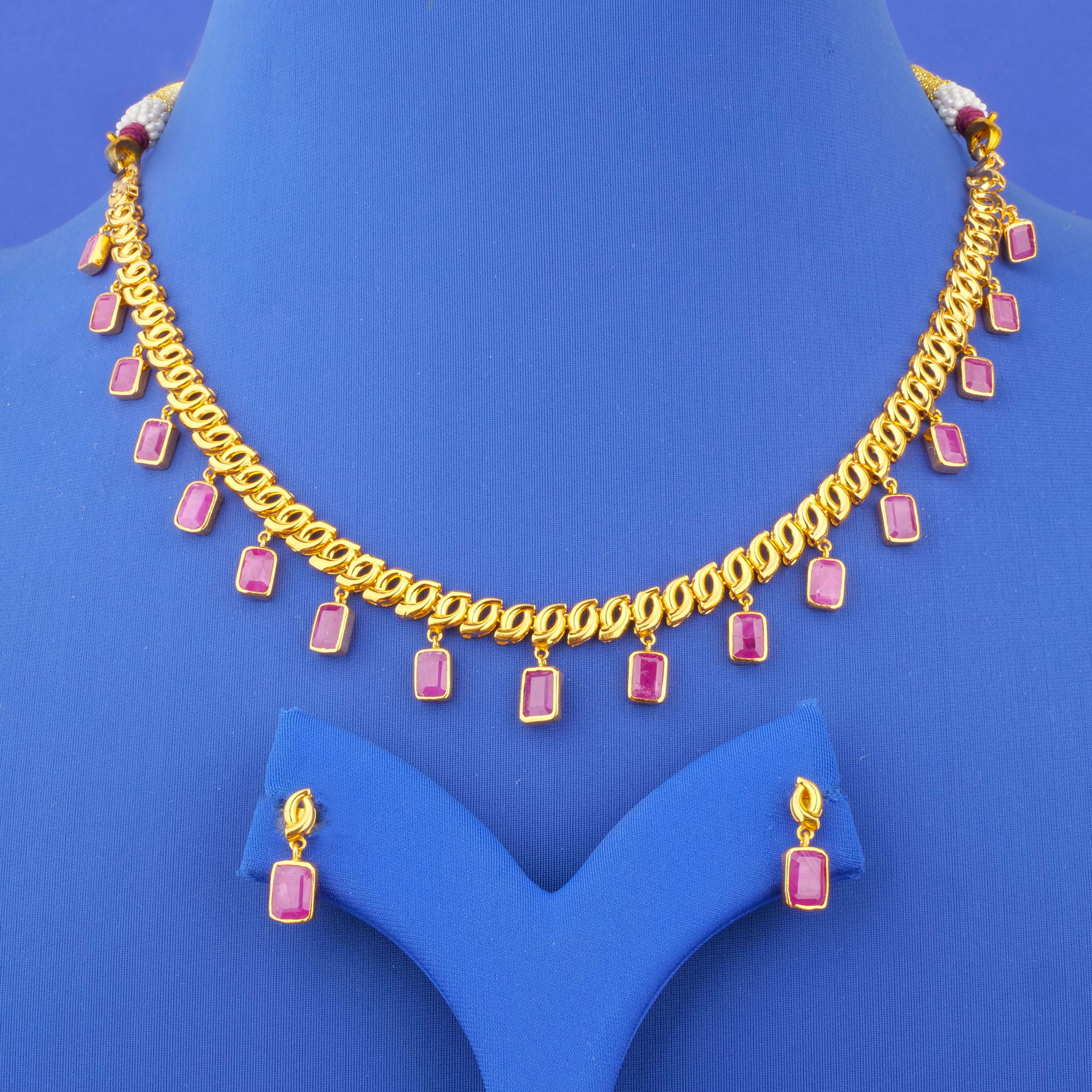 22K Gold Ruby Necklace and Earrings Set