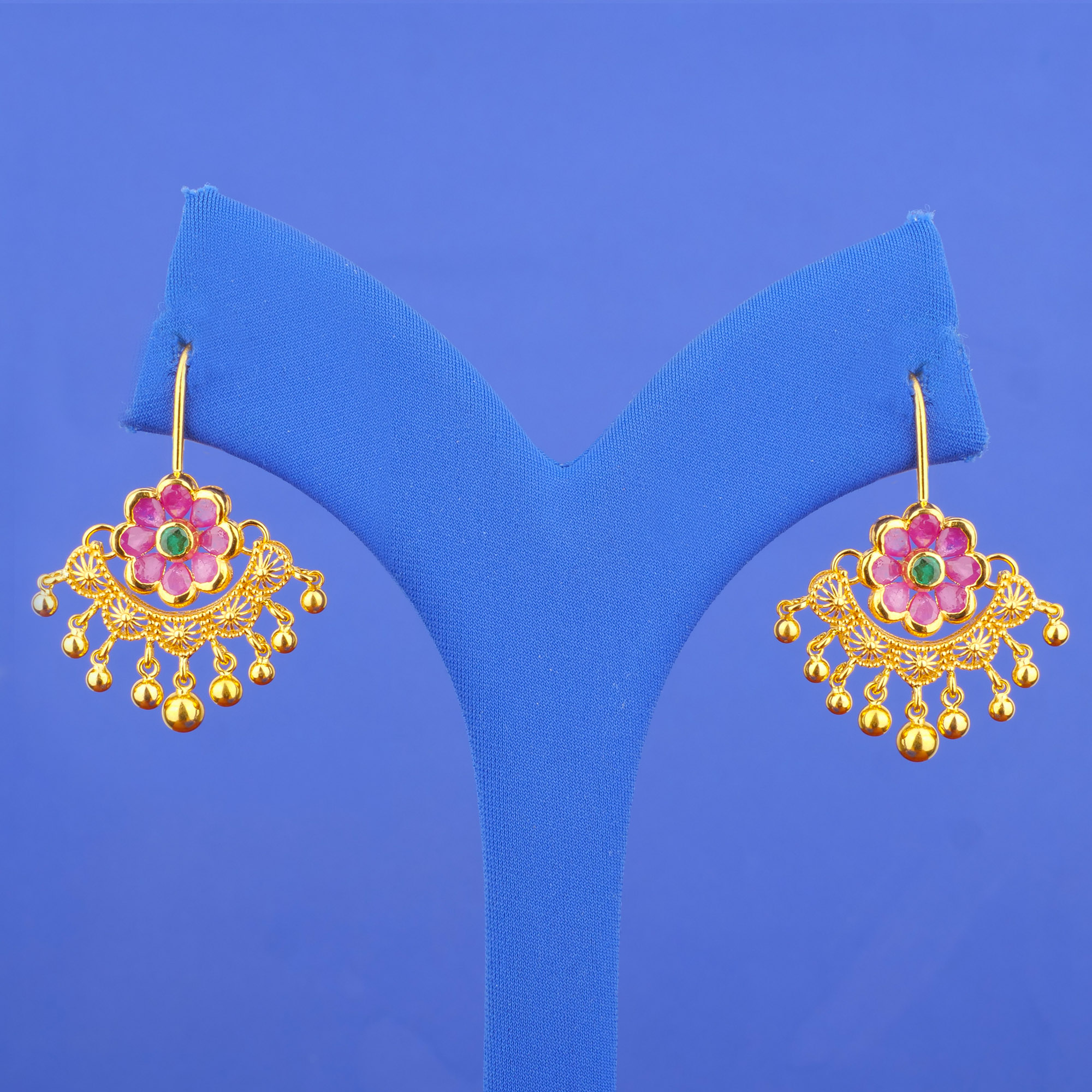 22K Gold Ruby Emerald Earrings