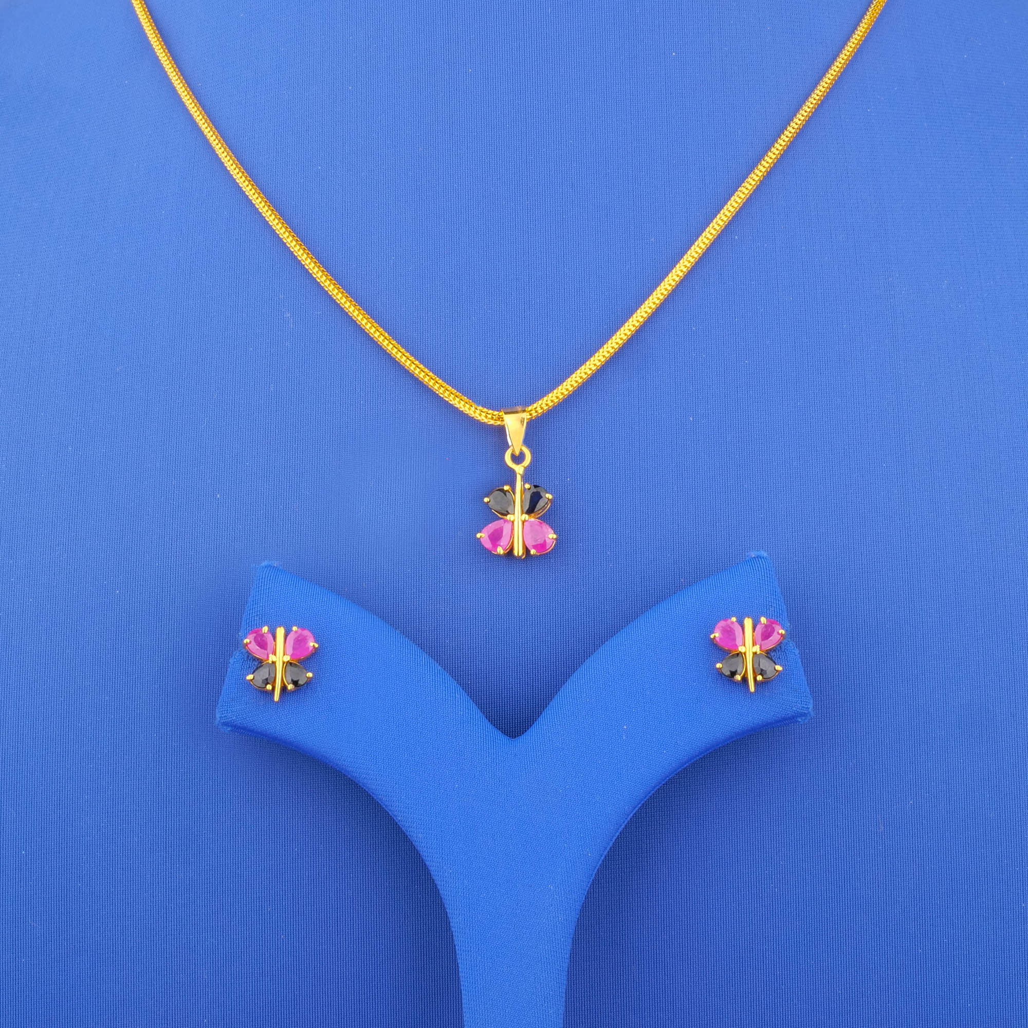 Twenty-Two Karat Gold Ruby Sapphire Pendant and Earrings Set (chain not included)