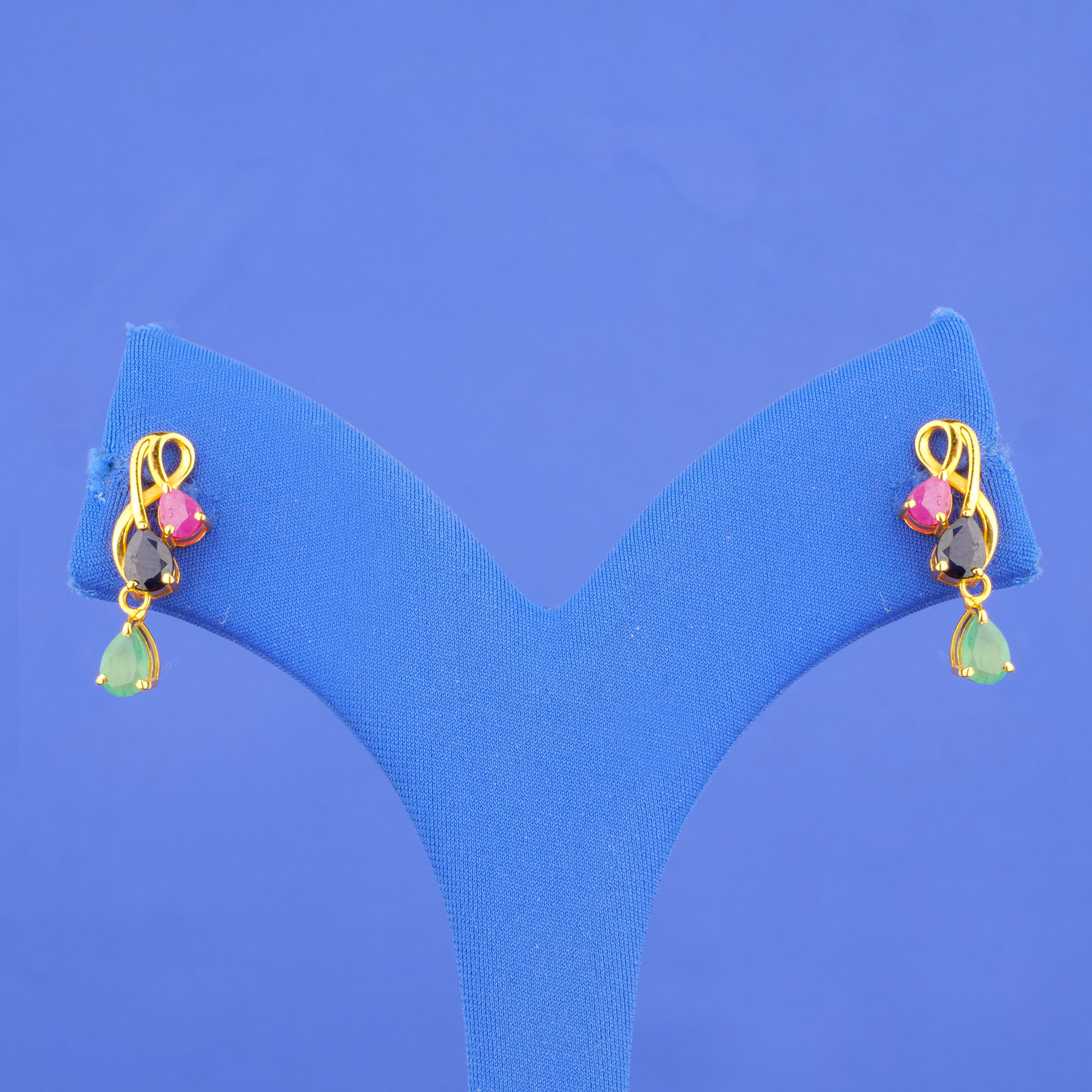 22K Gold Ruby Emerald Sapphire Earrings