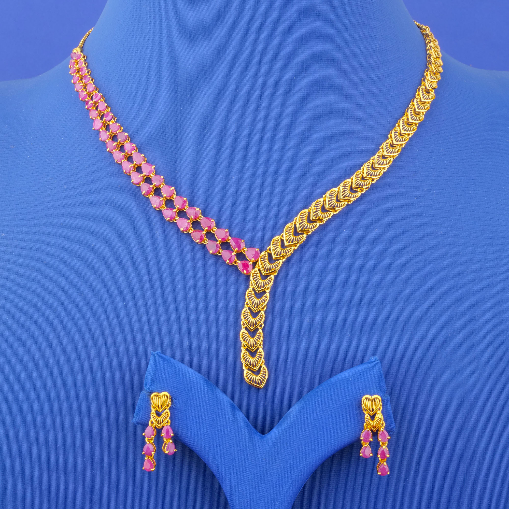 22K Gold Ruby Necklace and Earrings Set