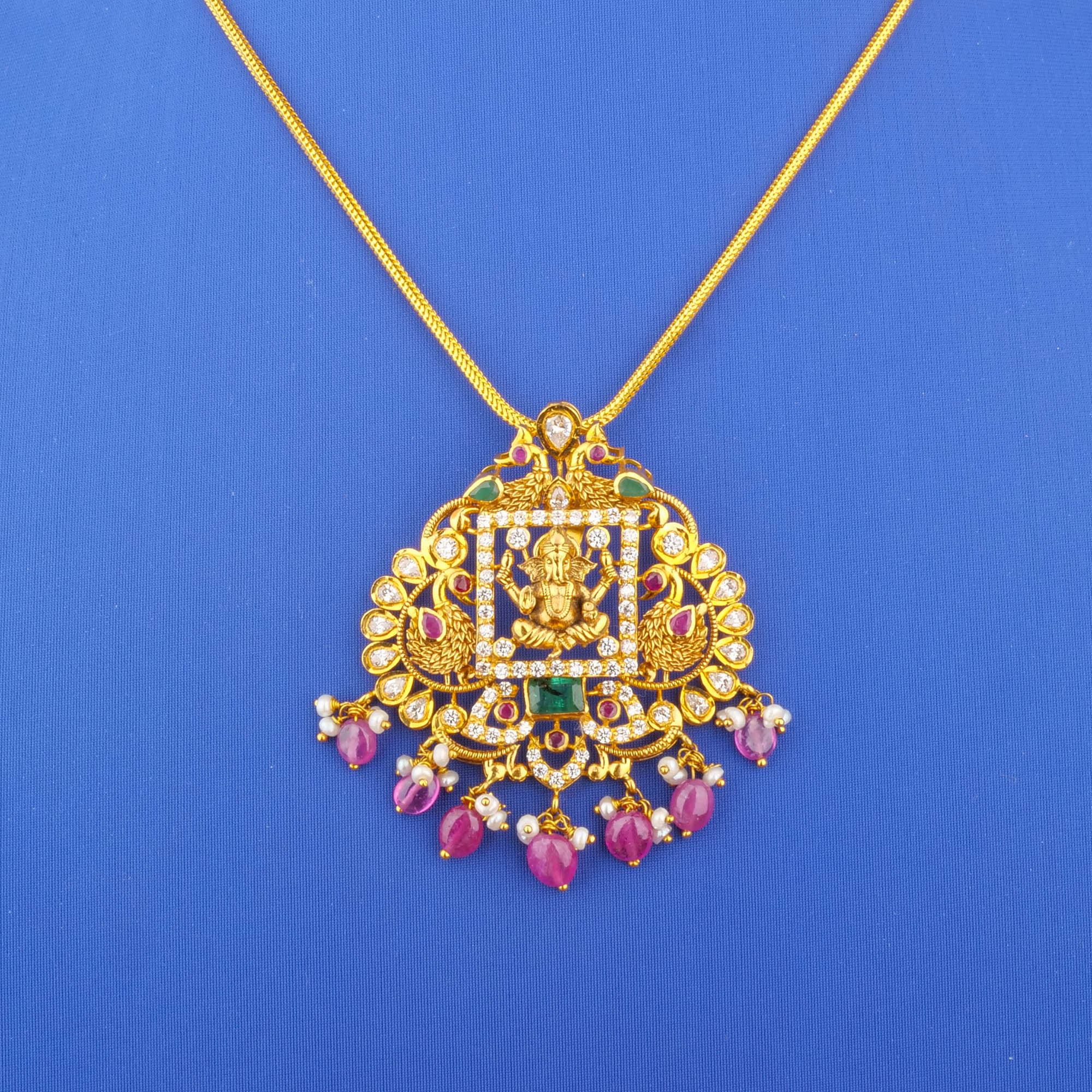 Twenty-Two Karat Gold 'Ganesha' Ruby Emerald Cubic Zirconia Pearl Pendant