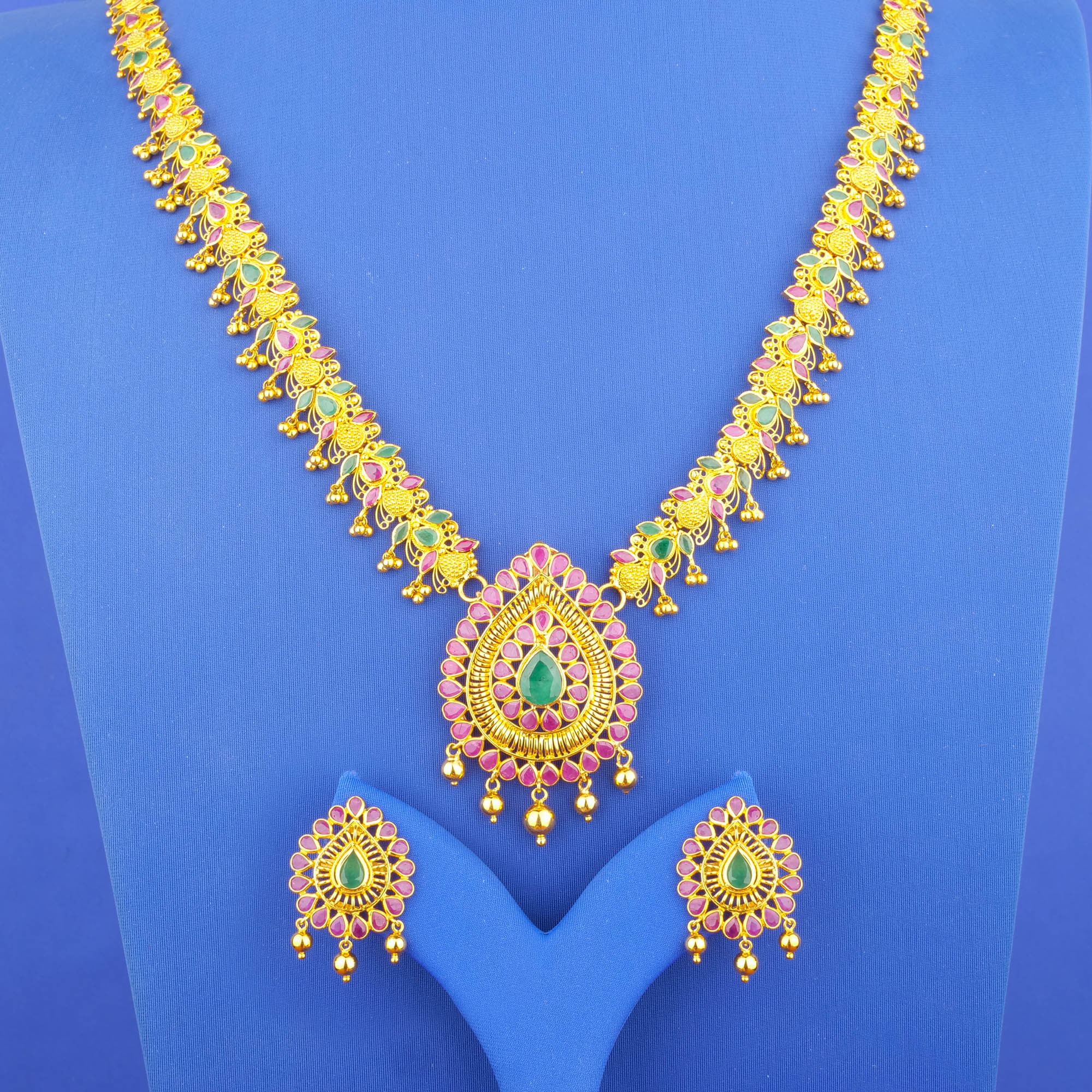 22K Gold Ruby Emerald Necklace and Earrings Set (Detachable)