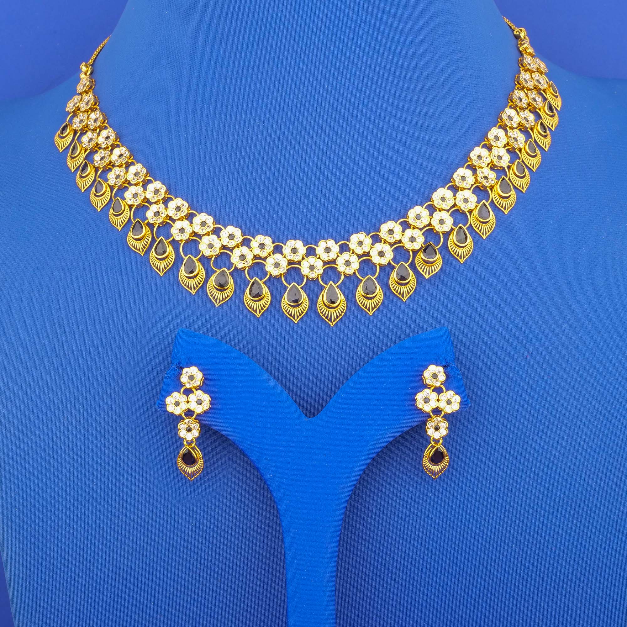 Twenty-Two Karat Gold Sapphire Cubic Zirconia Necklace and Earrings Set